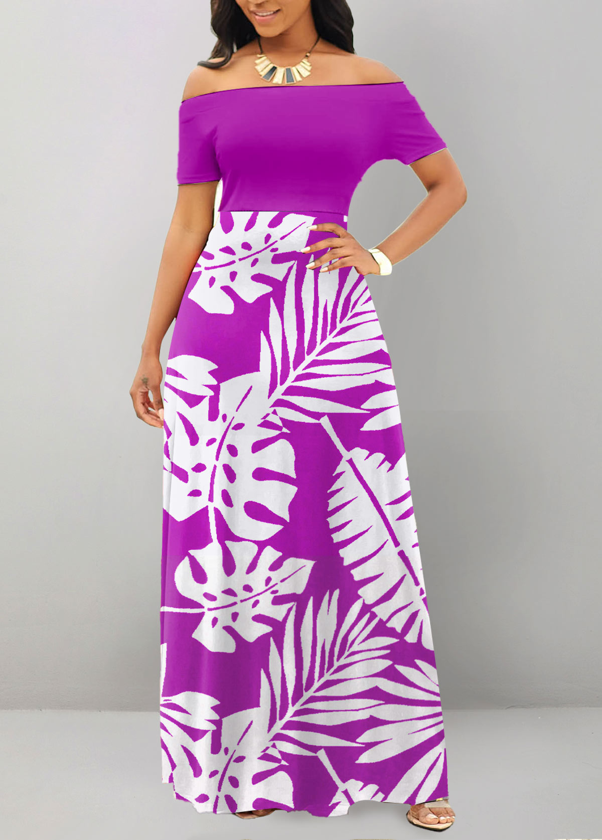 Leaf Print Patchwork Purple Off Shoulder Maxi Dress