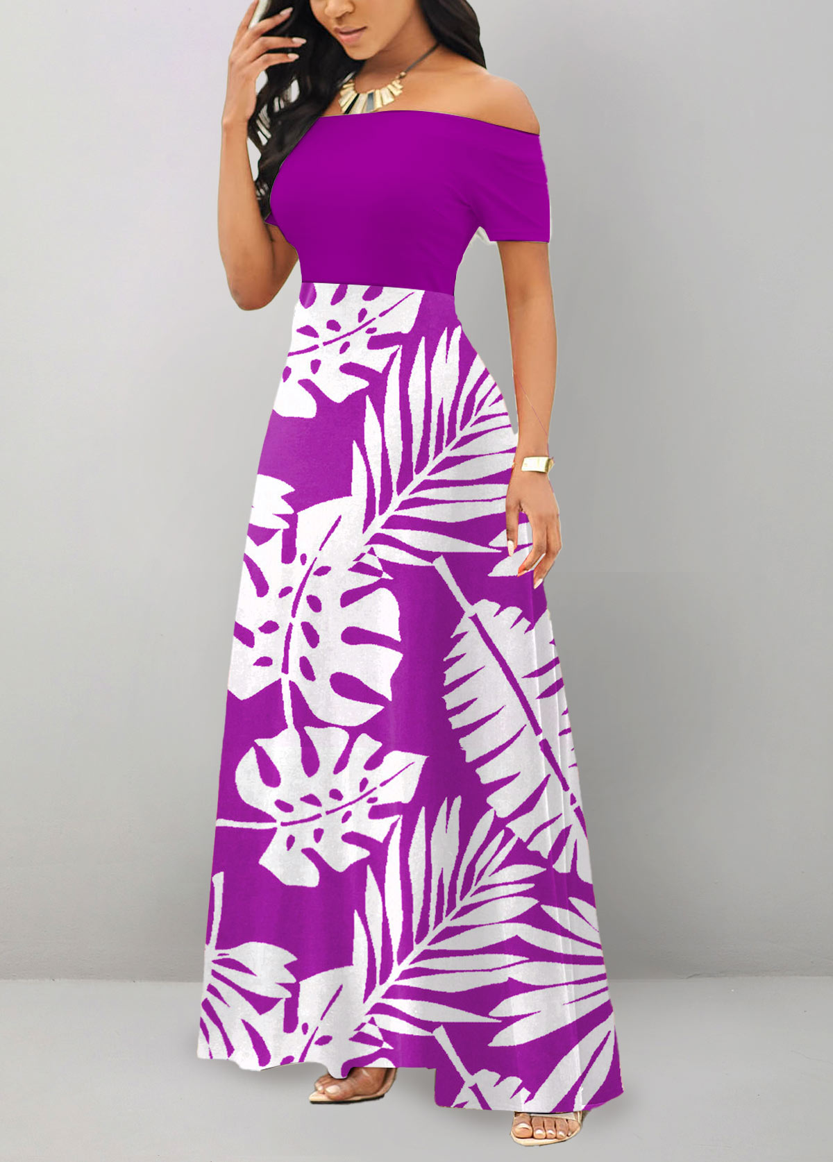 Leaf Print Patchwork Purple Off Shoulder Maxi Dress