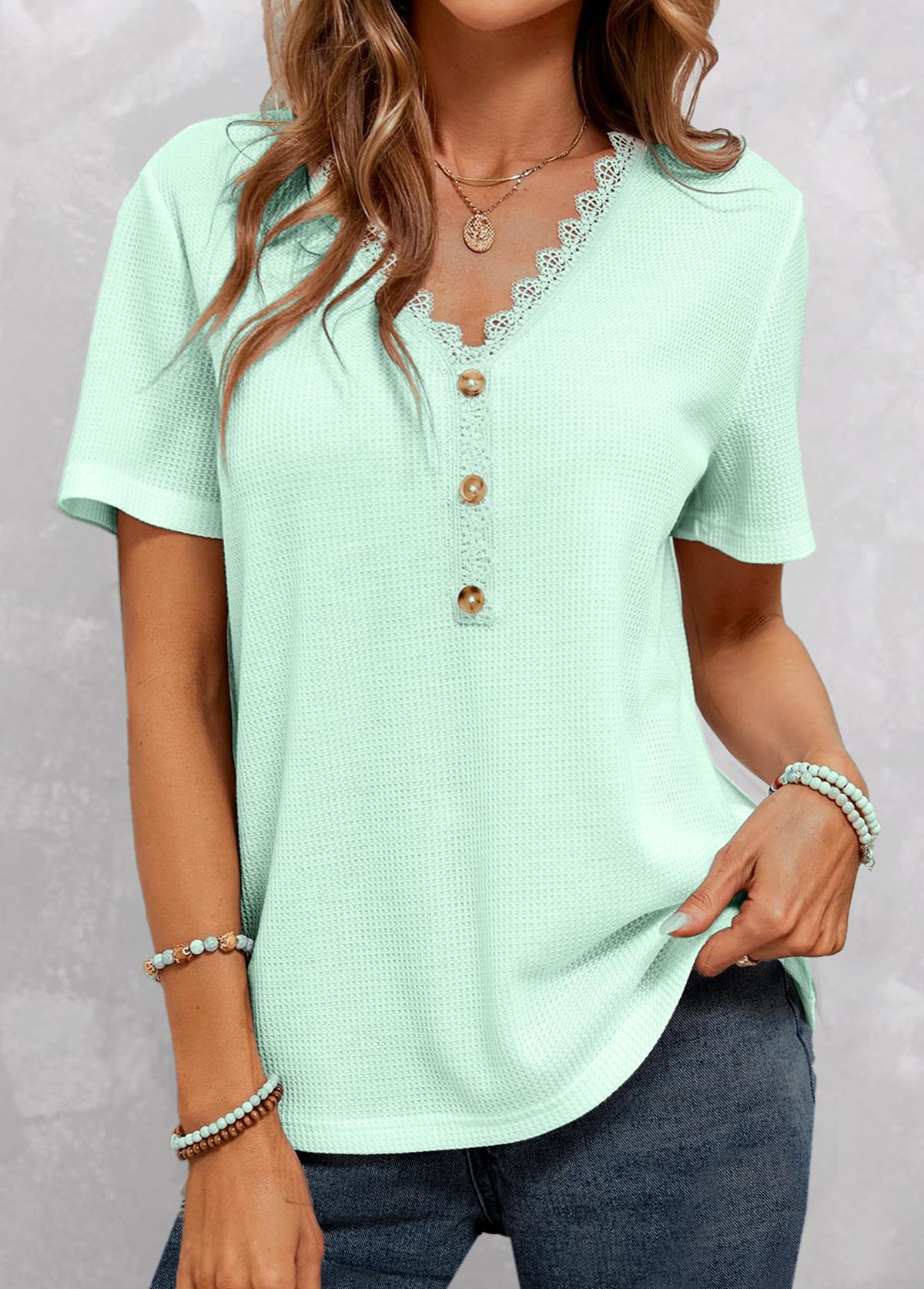 Mint Green V Neck Lace T Shirt