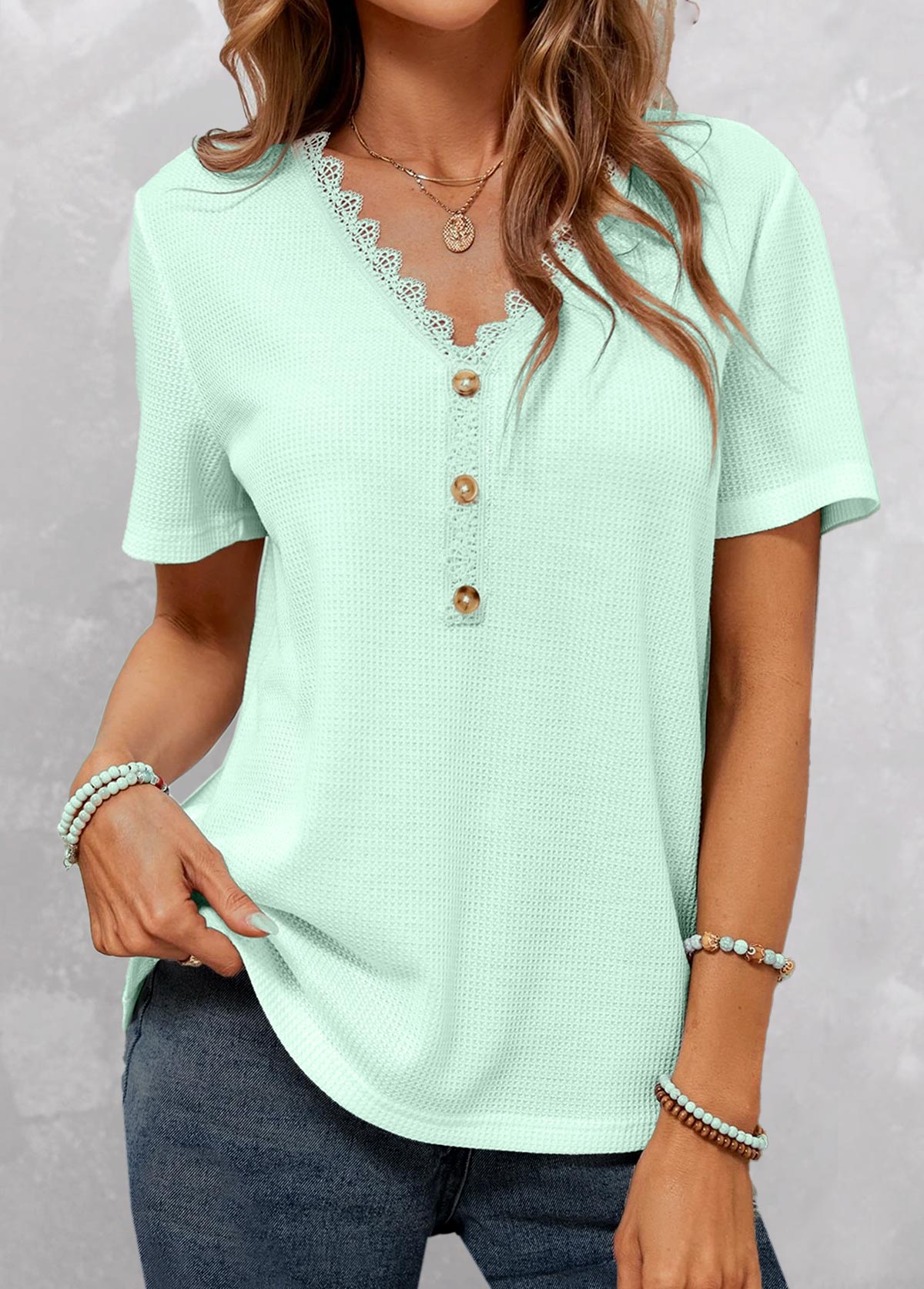 Mint Green V Neck Lace T Shirt
