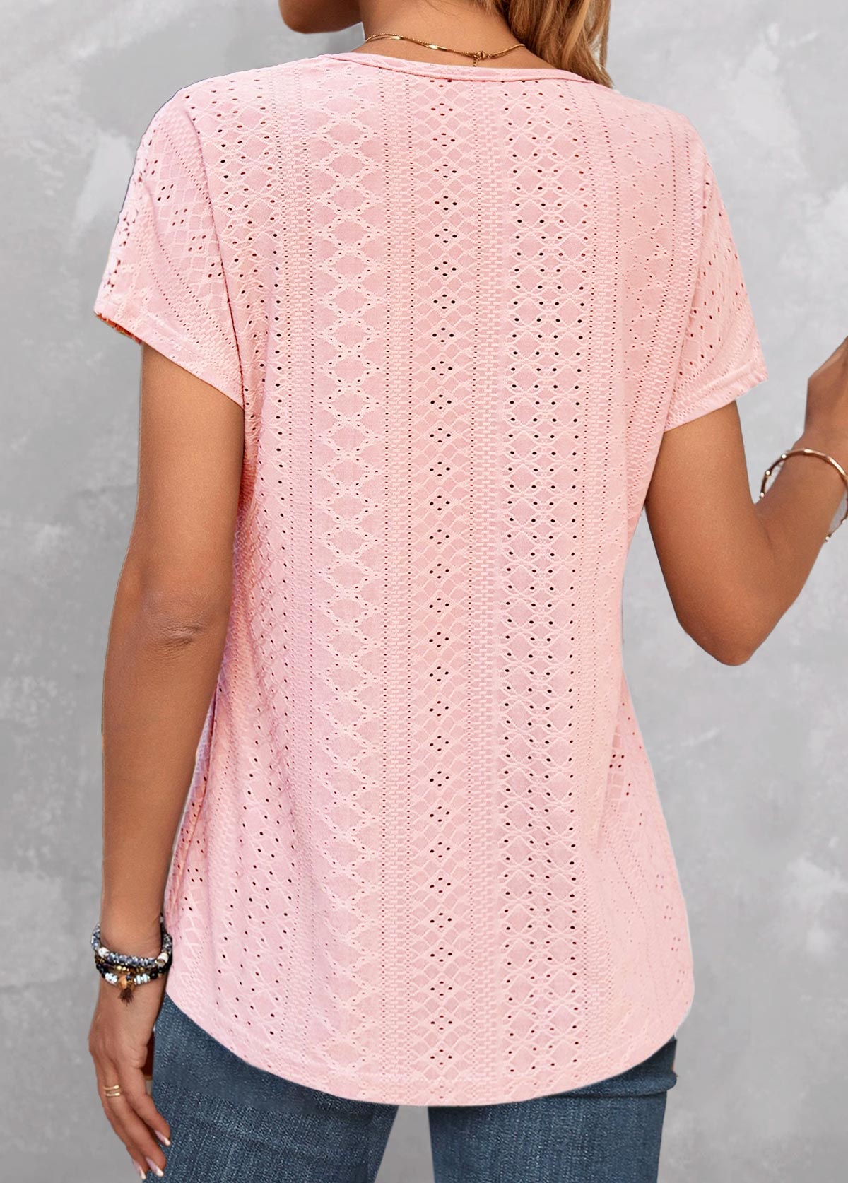 Pink V Neck Short Sleeve Lace T Shirt