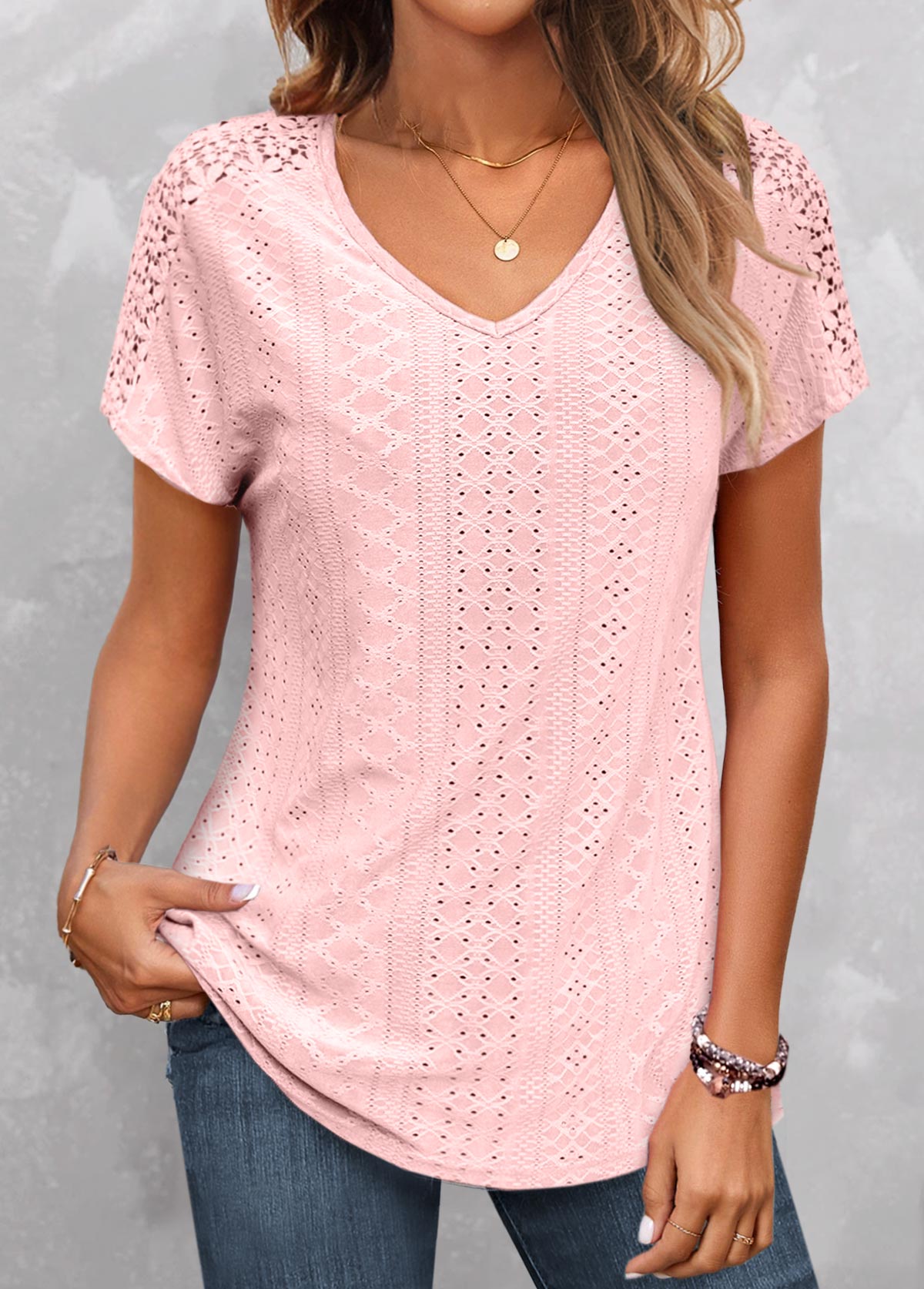 Pink V Neck Short Sleeve Lace T Shirt