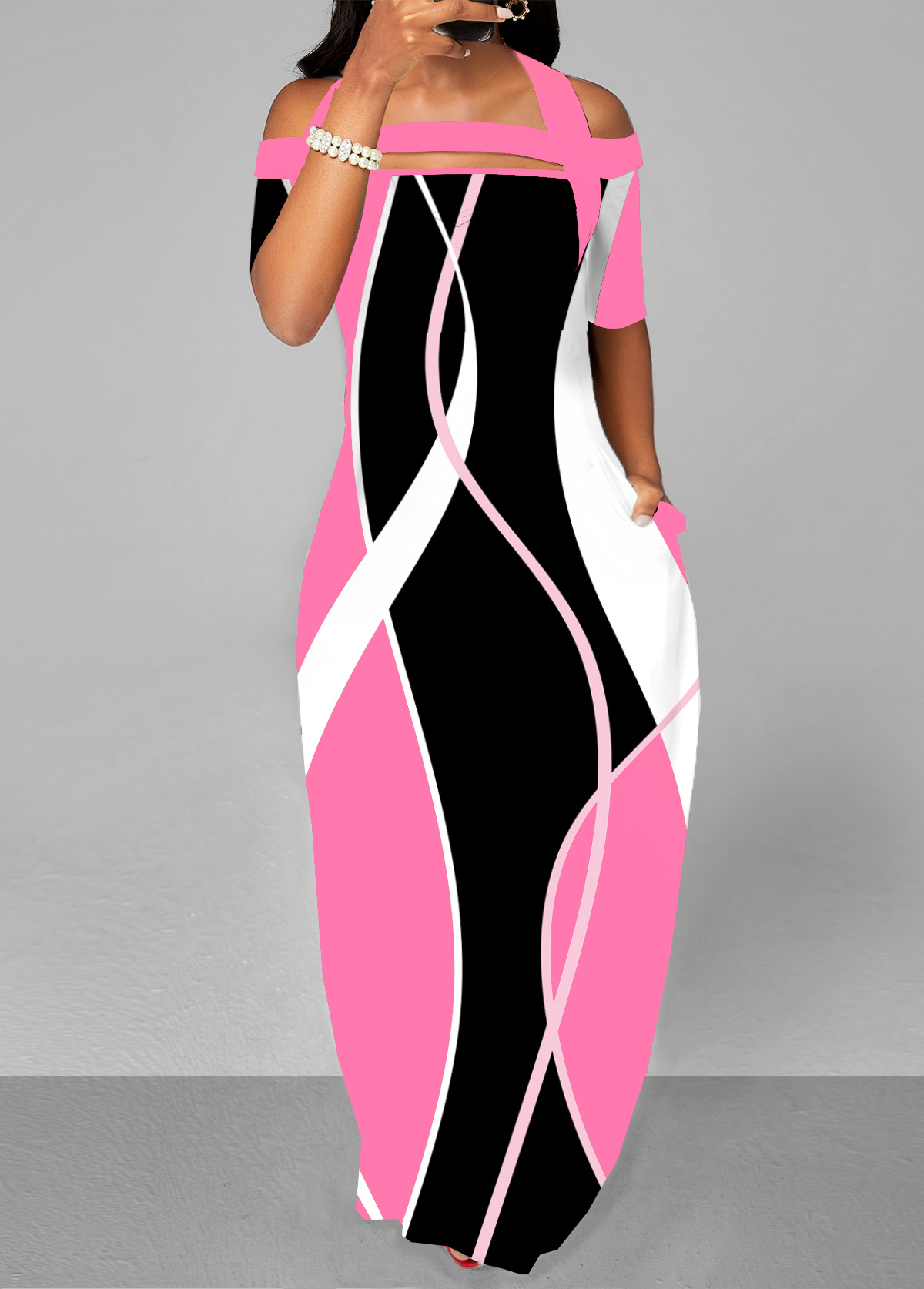 Geometric Print Cut Out Pink Maxi Dress