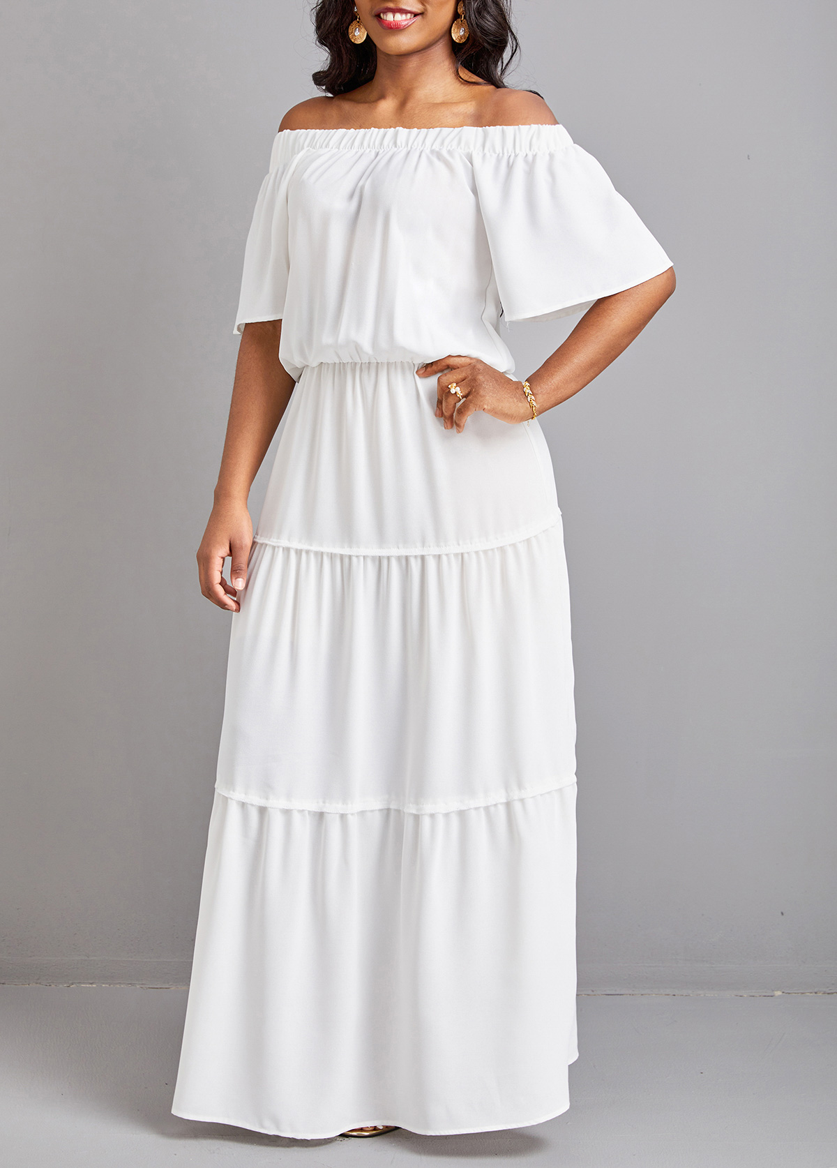 White Off Shoulder Patchwork Short Sleeve Maxi Dress