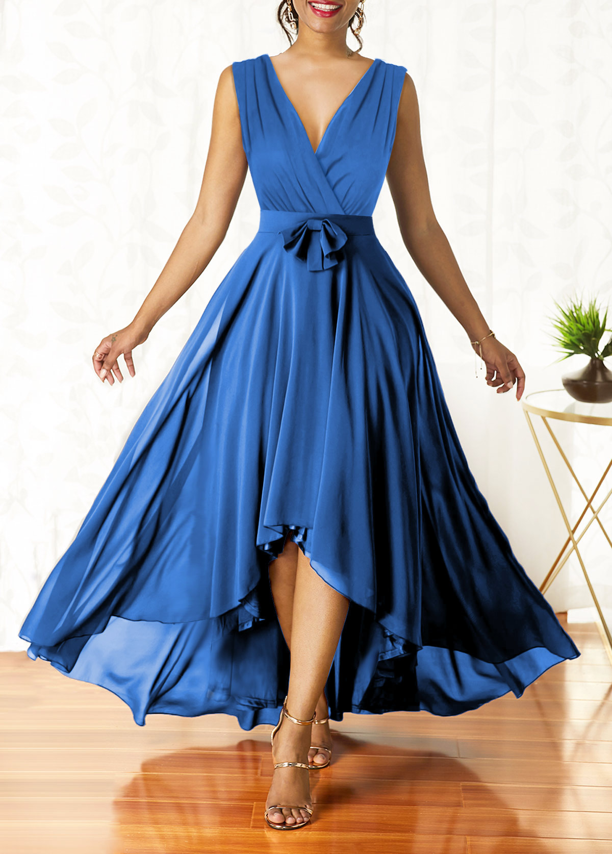 Surplice Belted Blue High Low V Neck Dress