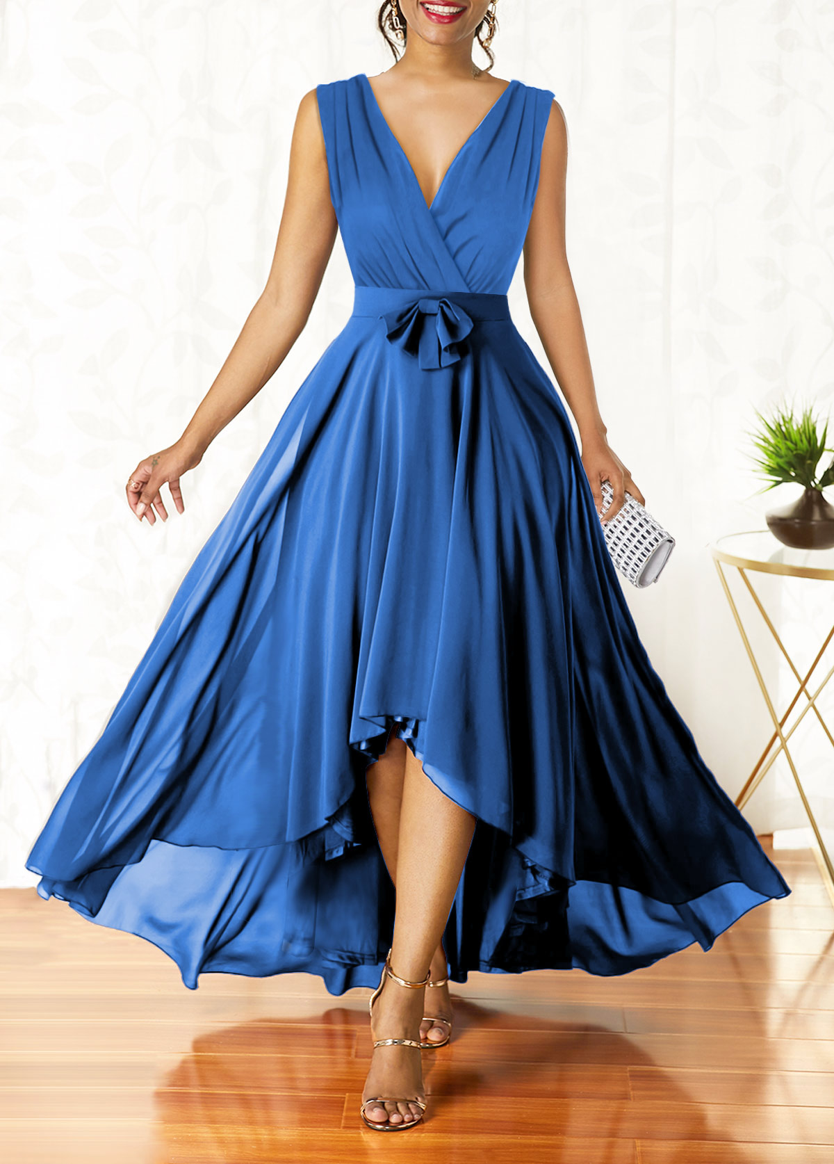 Surplice Belted Blue High Low V Neck Dress