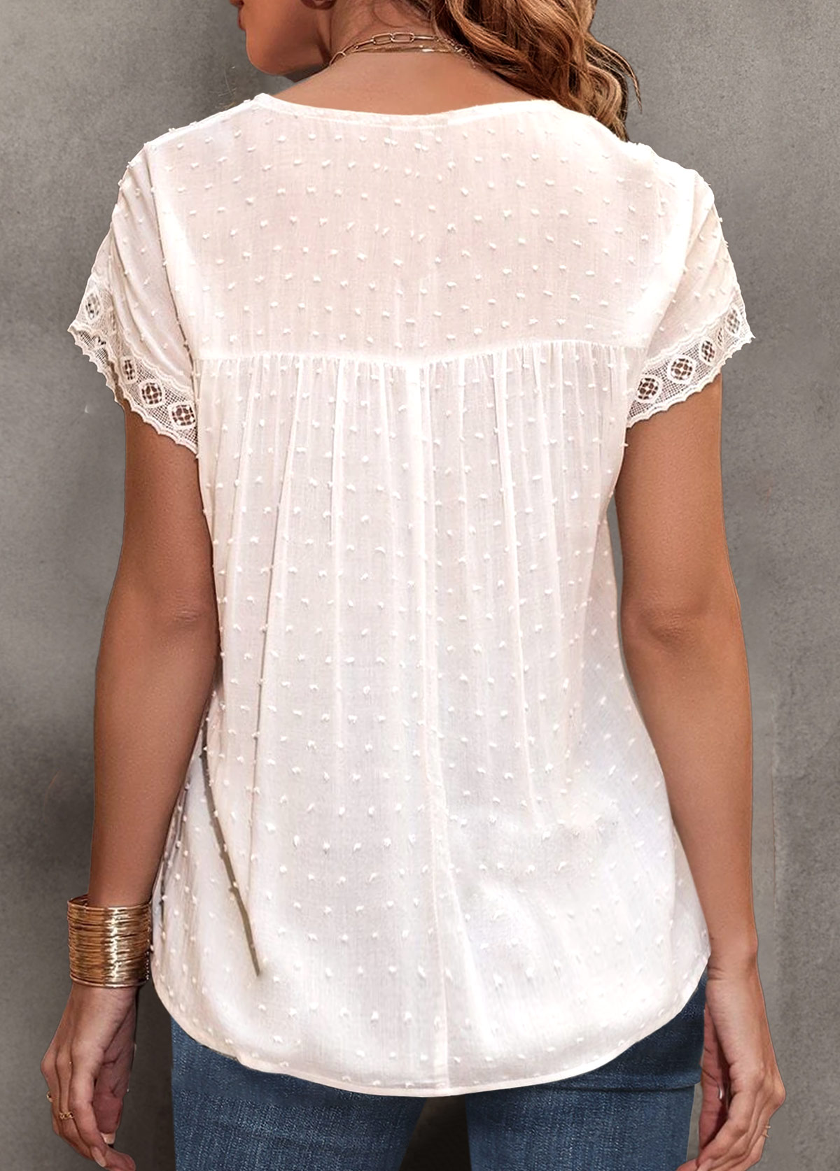 White Round Neck Short Sleeve Jacquard T Shirt