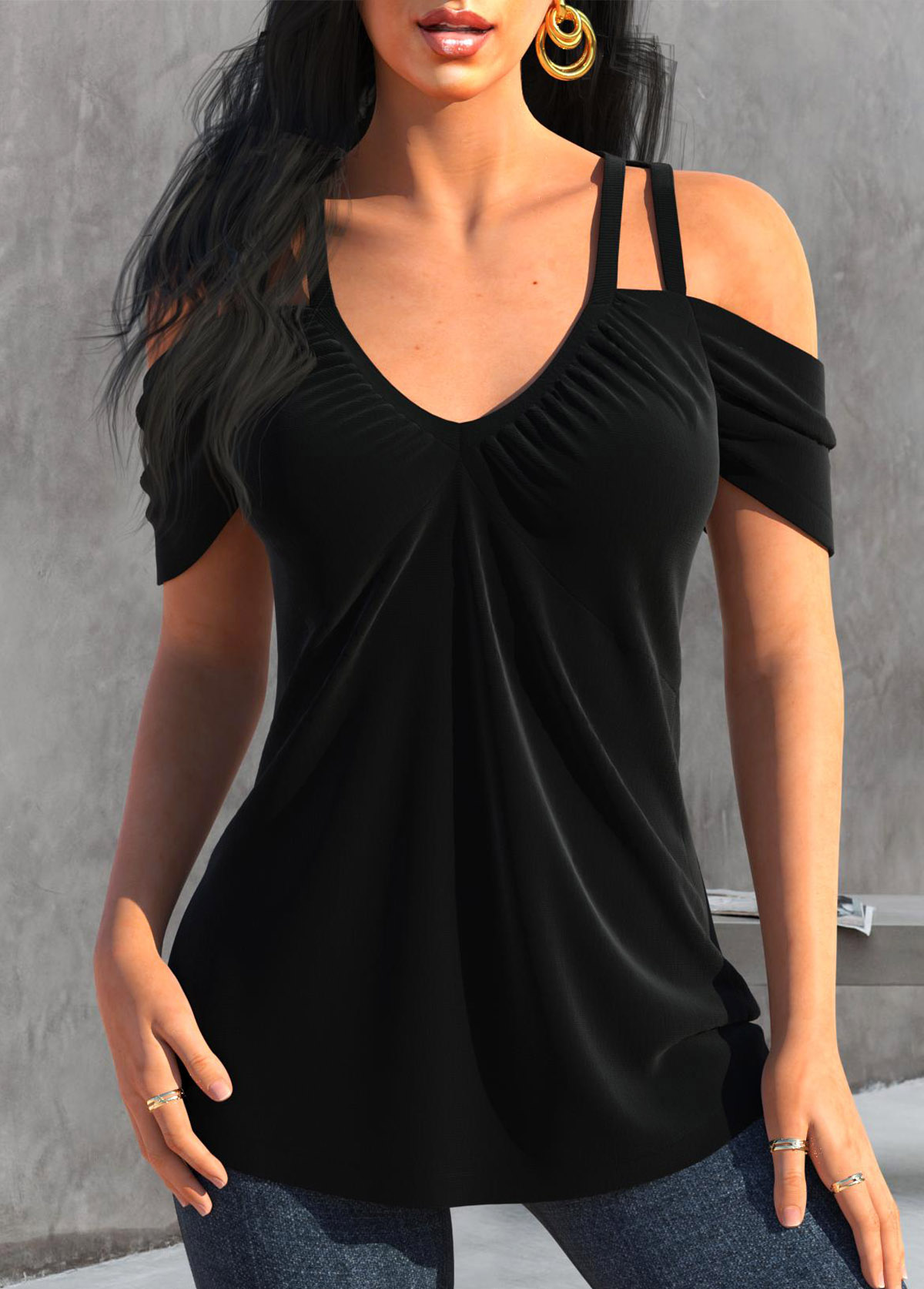 Ruched Black V Neck Cold Shoulder T Shirt
