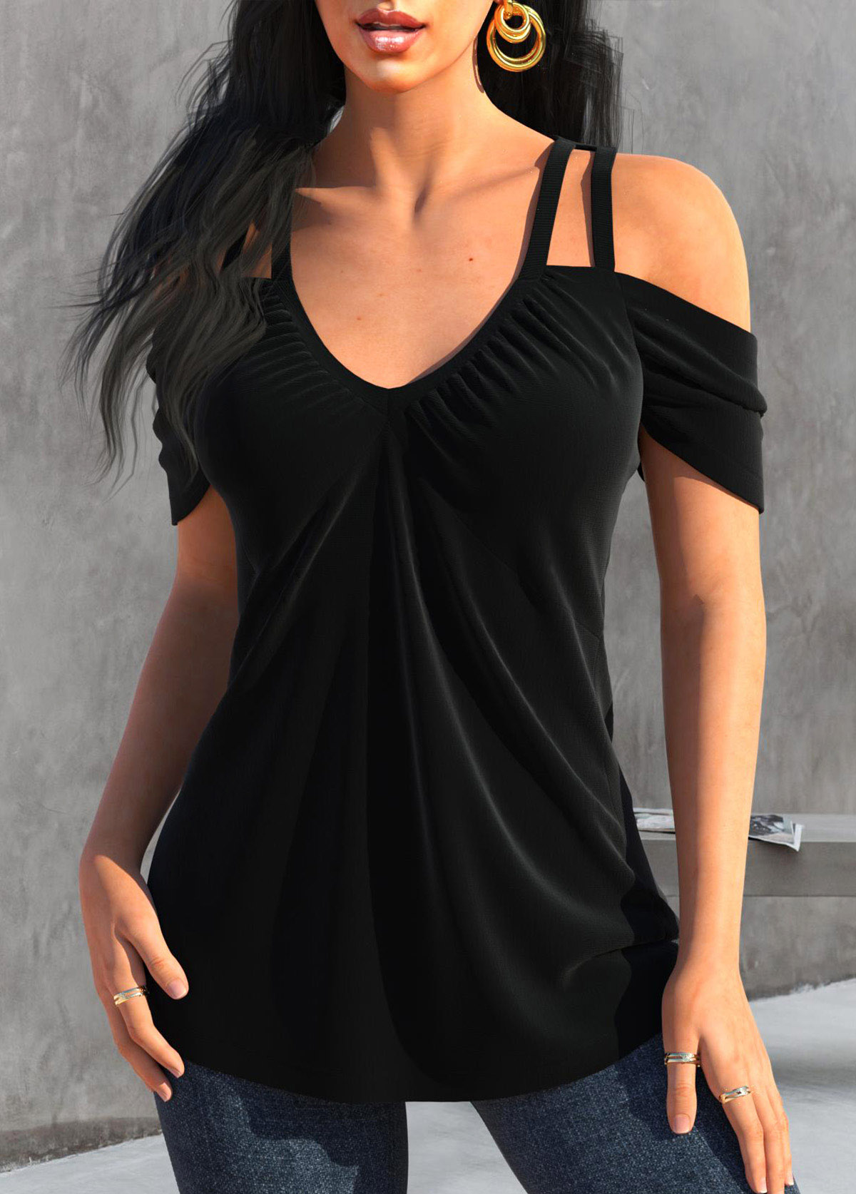 Ruched Black V Neck Cold Shoulder T Shirt