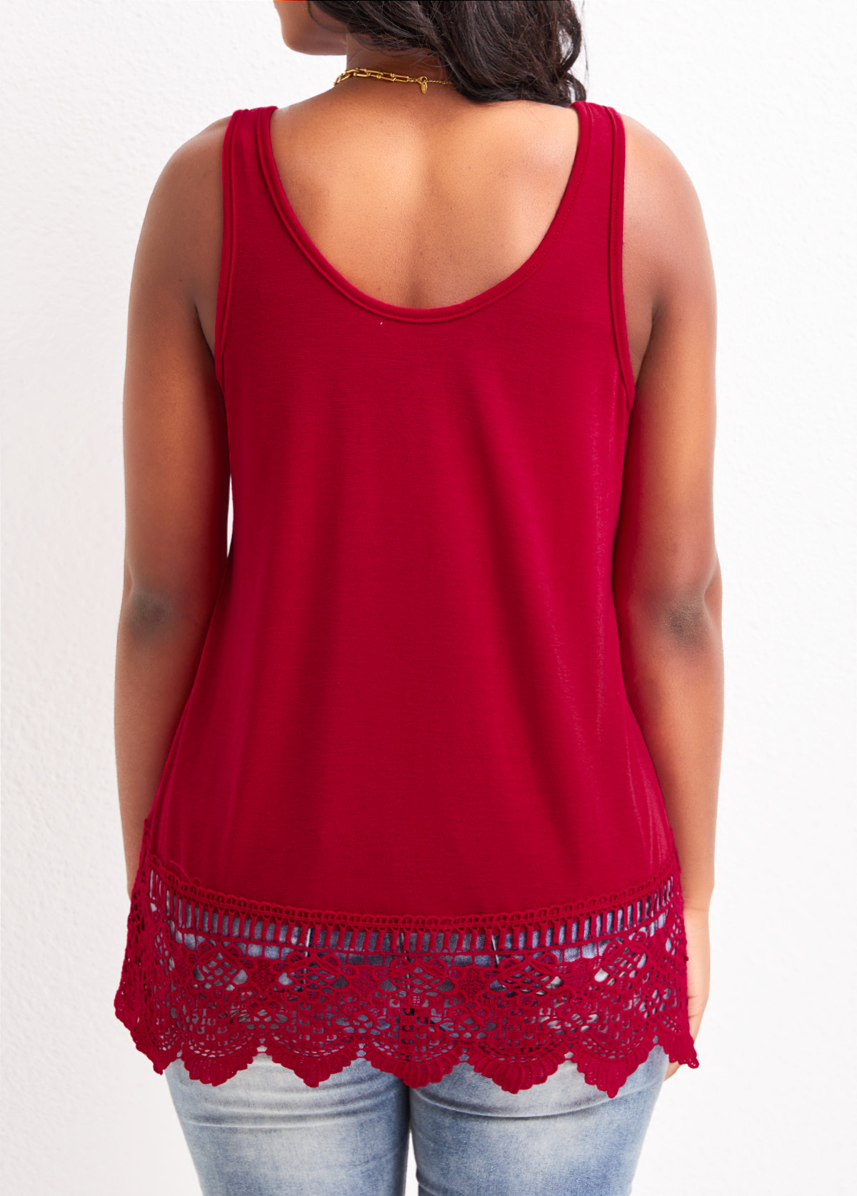 Red Scoop Neck Strappy Lace Tank Top