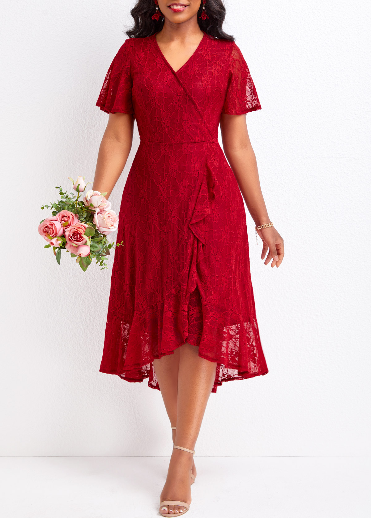 Wine Red High Low V Neck Lace Dress