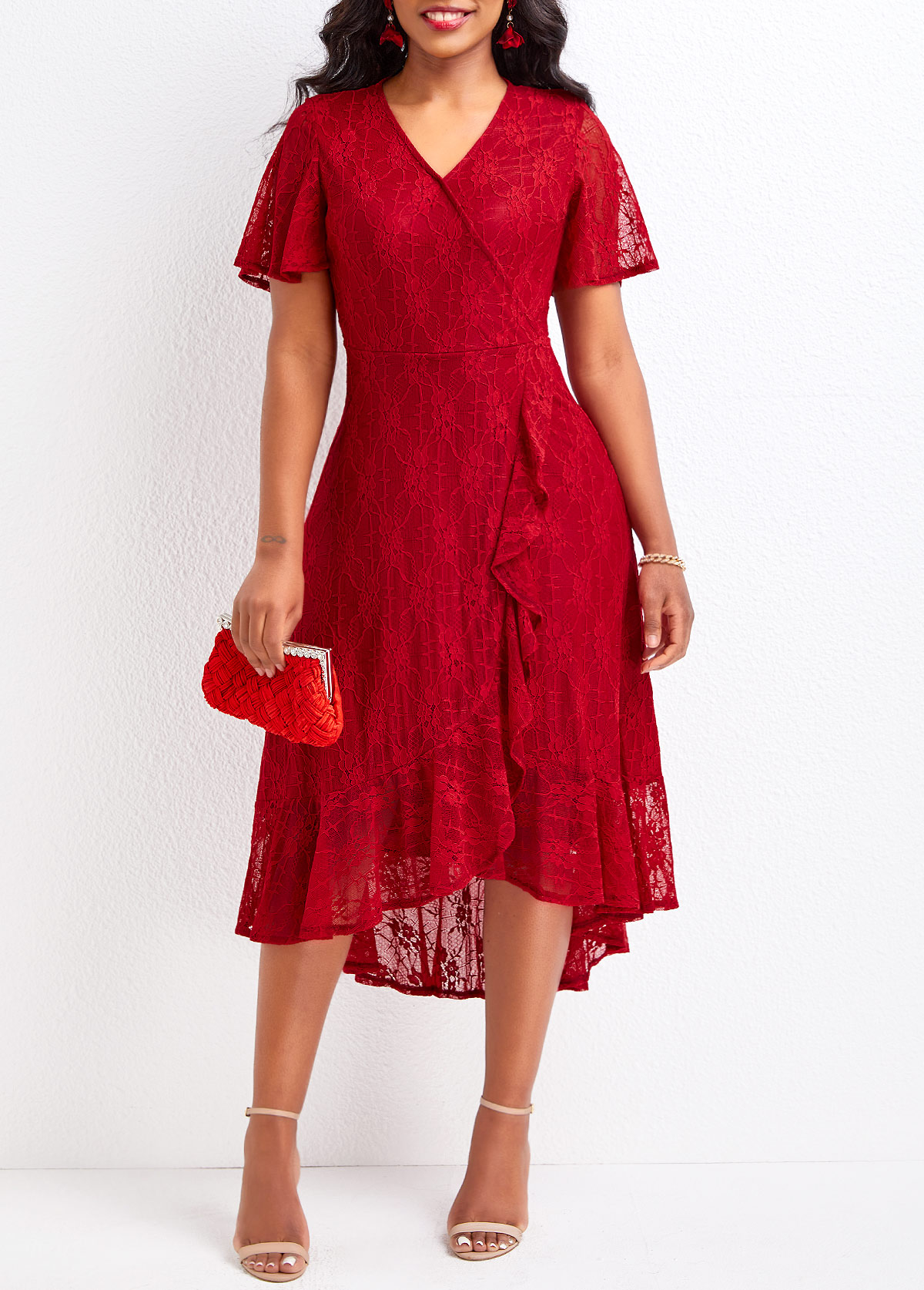 Wine Red High Low V Neck Lace Dress