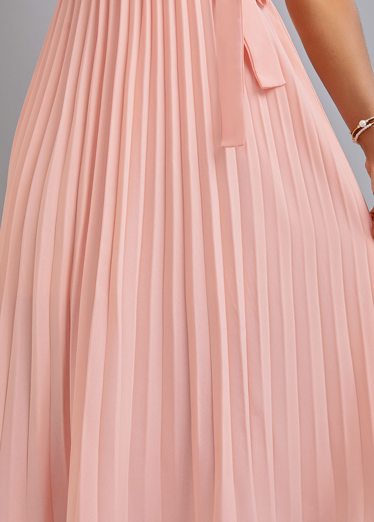 Pleated Belted Light Pink V Neck Dress