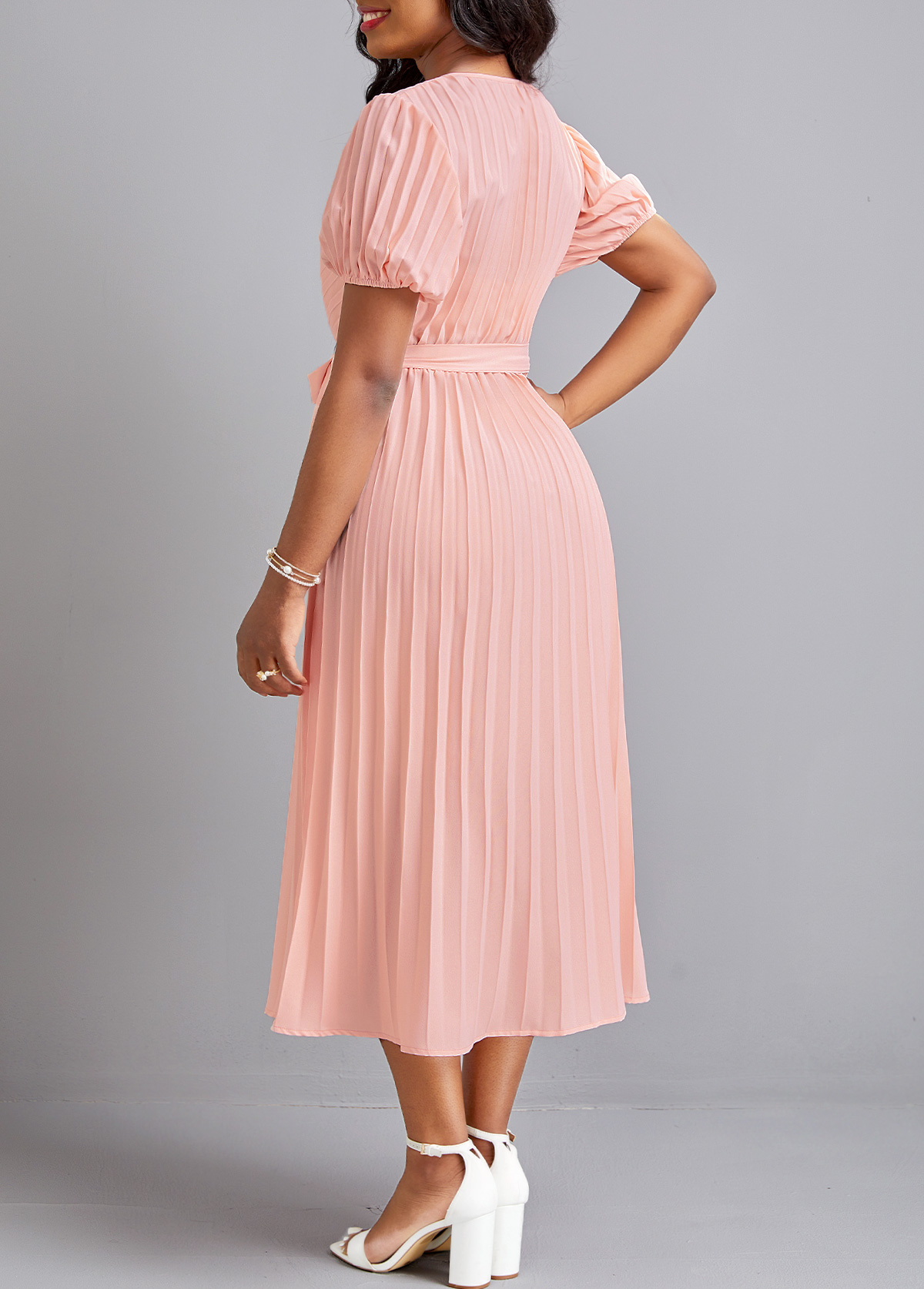 Pleated Belted Light Pink V Neck Dress
