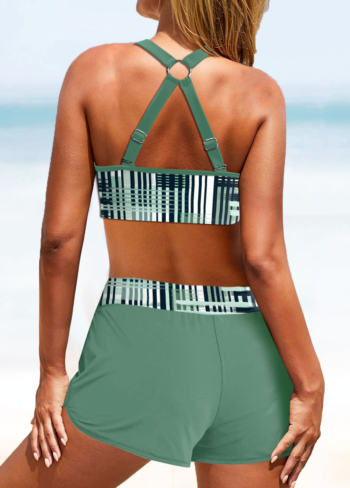 Plus Size Sage Green Geometric Print Bikini Set