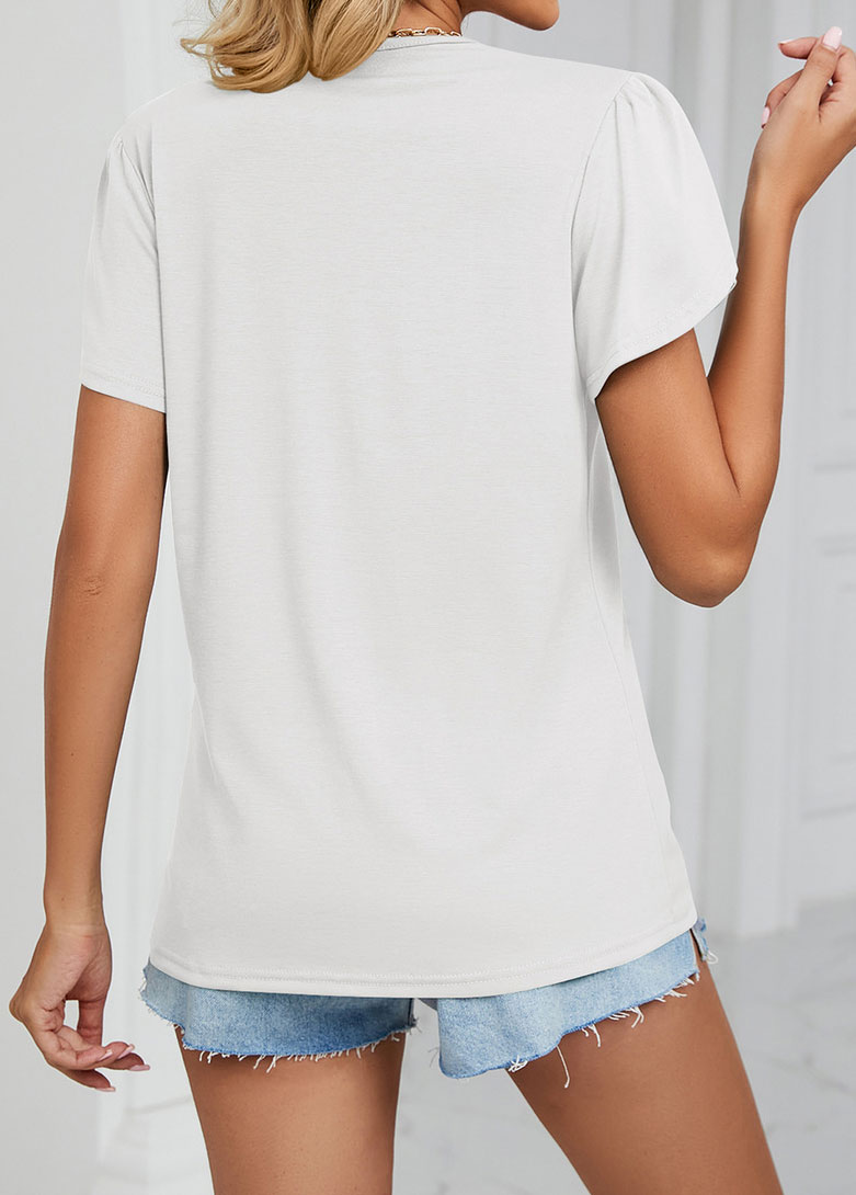 White V Neck Short Sleeve Patchwork T Shirt