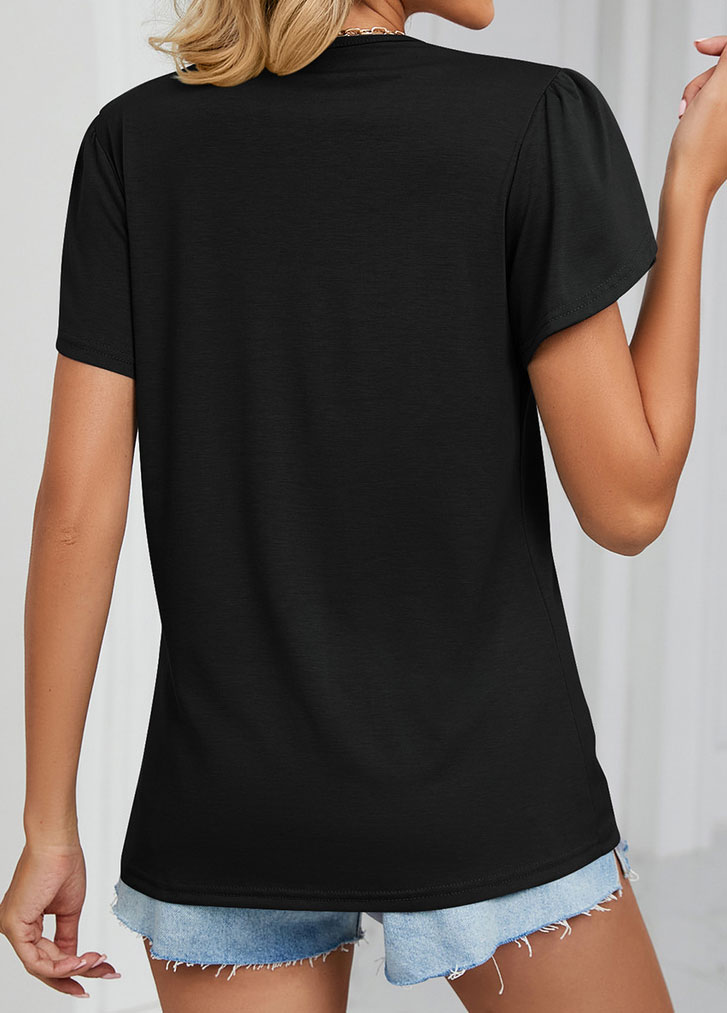 Black V Neck Short Sleeve Patchwork T Shirt