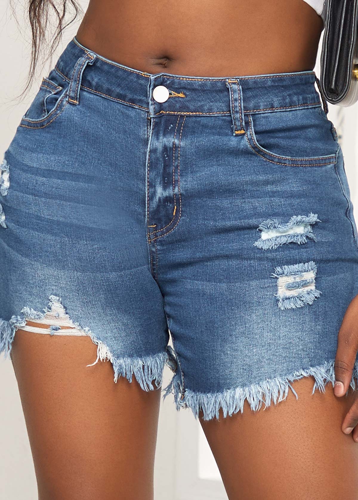 Zipper Fly Pocket Denim Blue Skinny Shorts USD 28.98