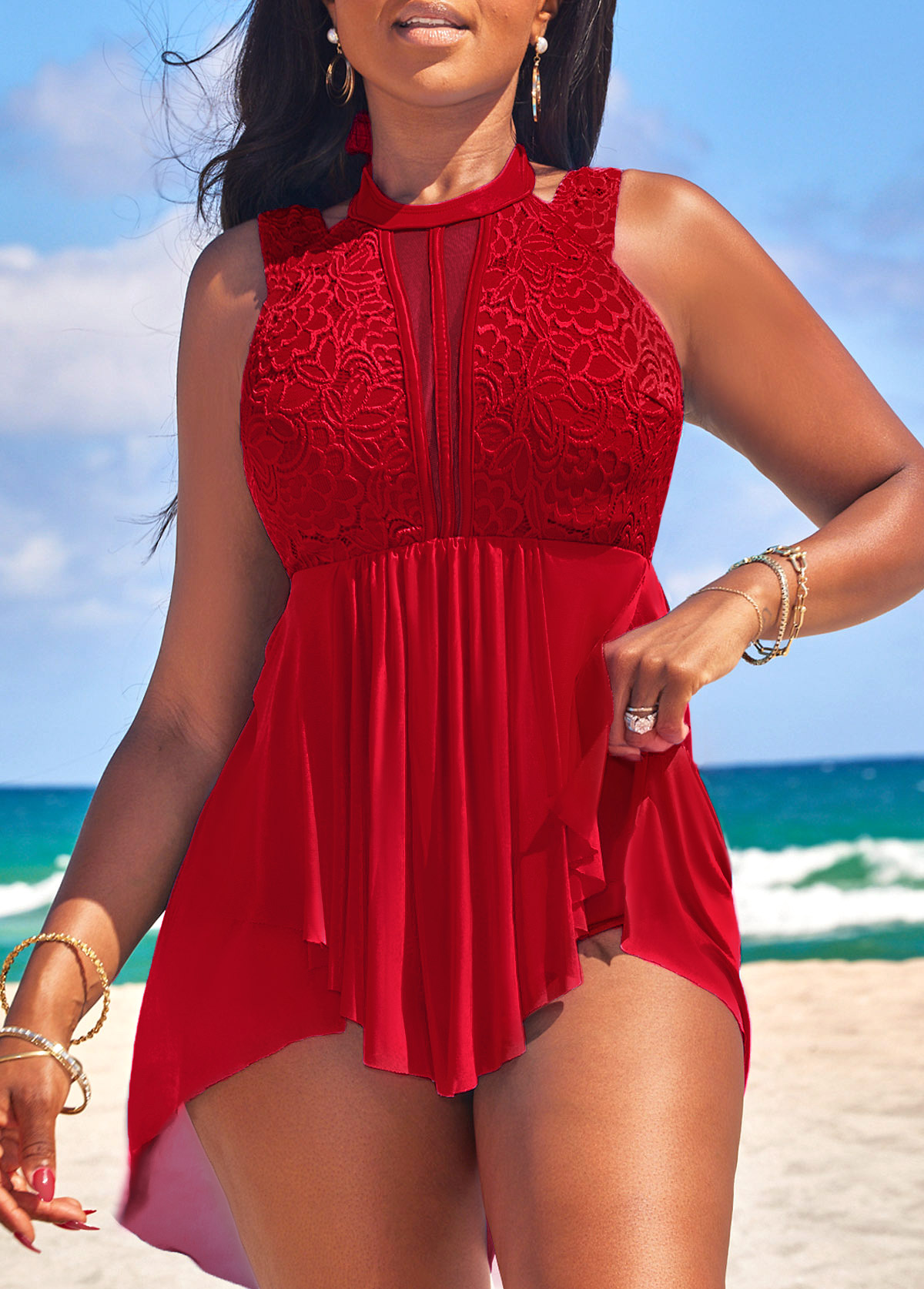 High Waisted Lace Red Swimdress and Panty