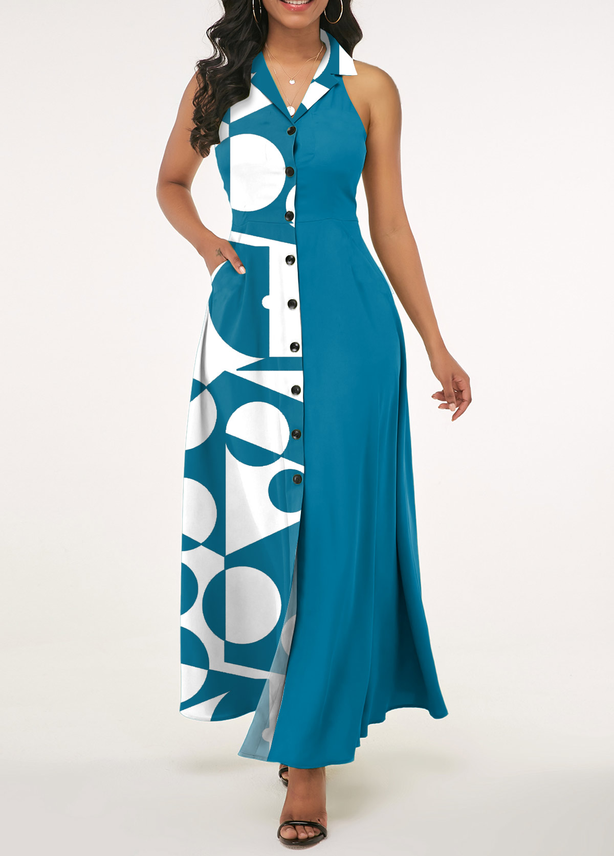 Geometric Print Pocket Blue Lapel Sleeveless Dress