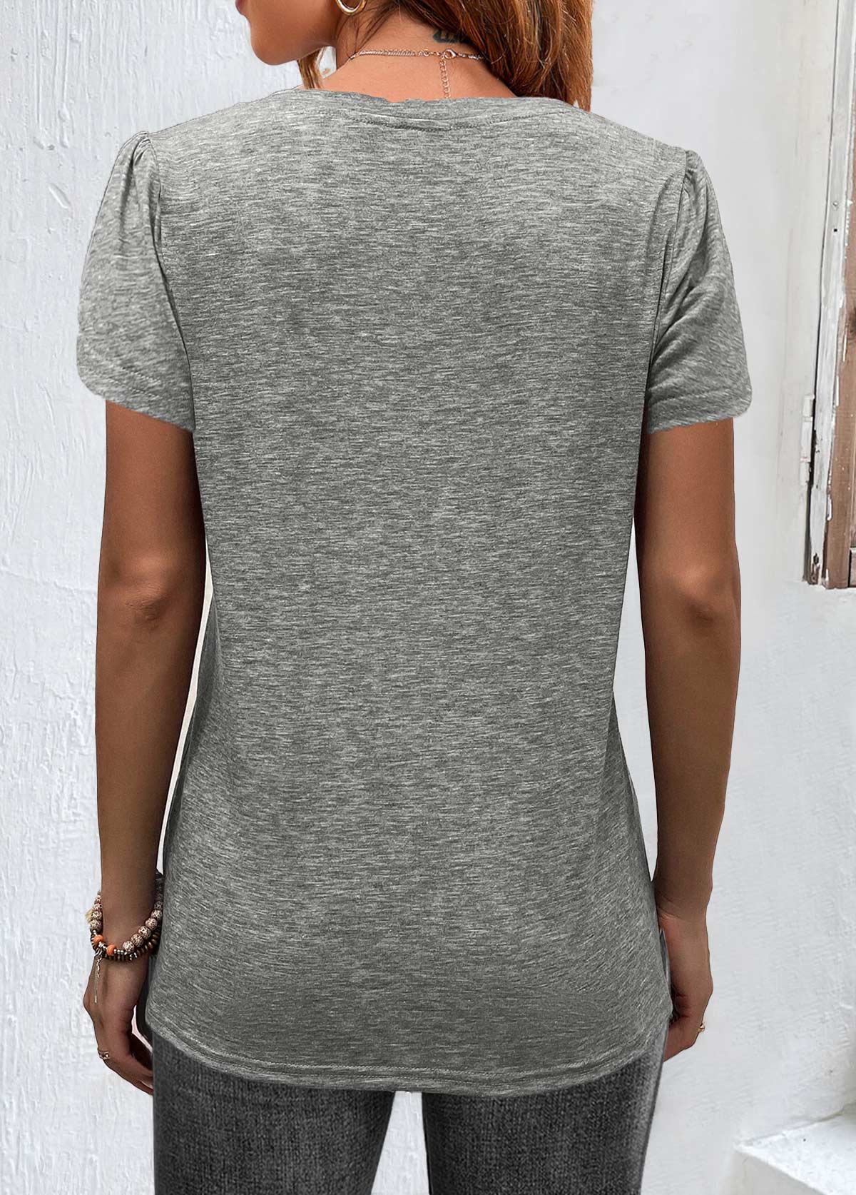 Grey V Neck Short Sleeve Lace T Shirt