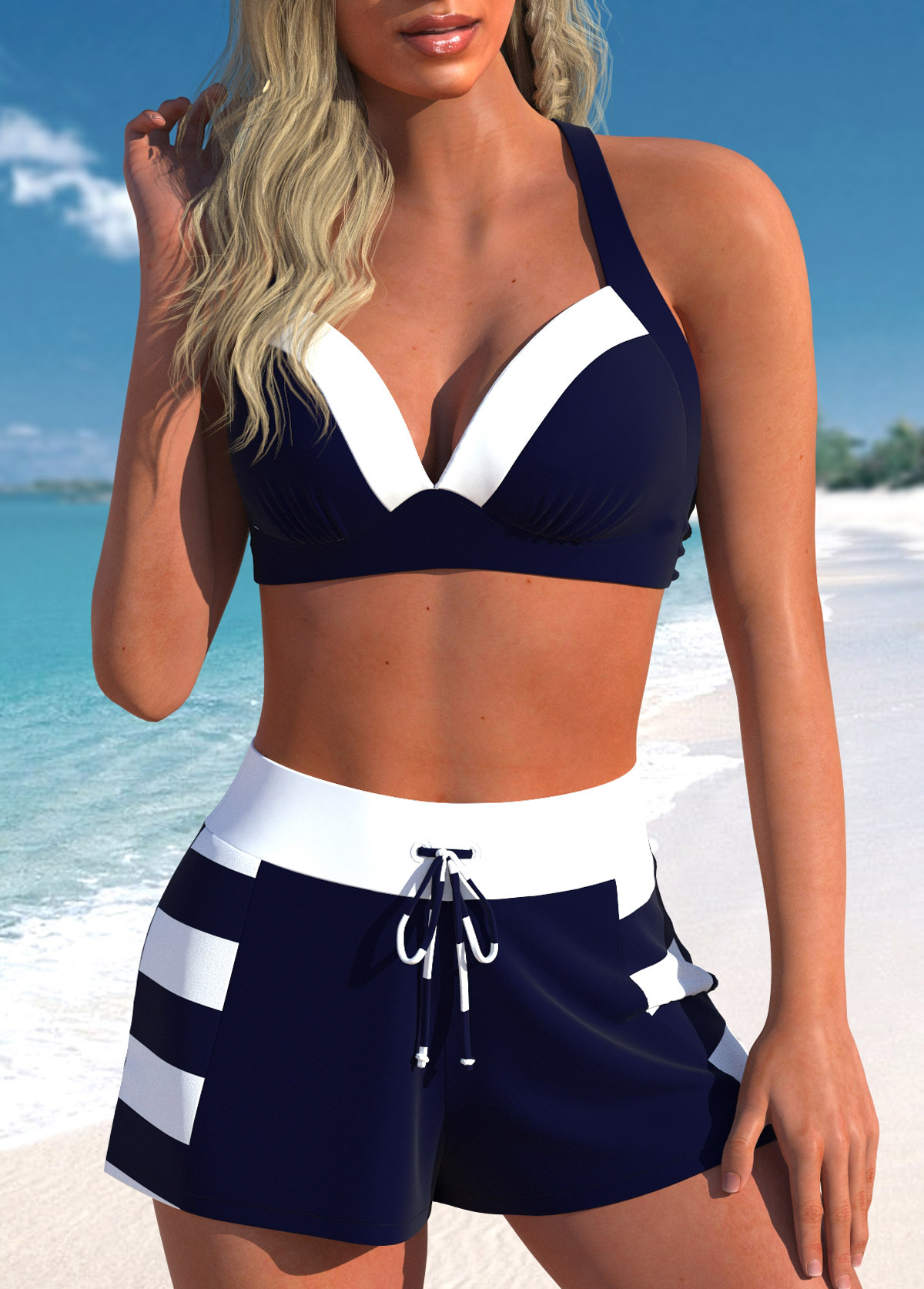 High Waisted Striped Patchwork Navy Bikini Set