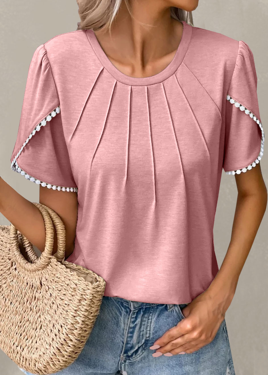 Light Pink Round Neck Patchwork T Shirt