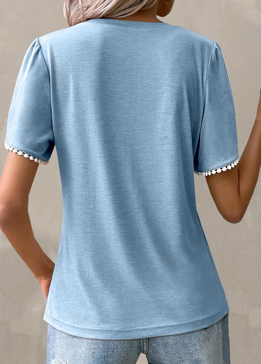 Light Blue Round Neck Patchwork T Shirt