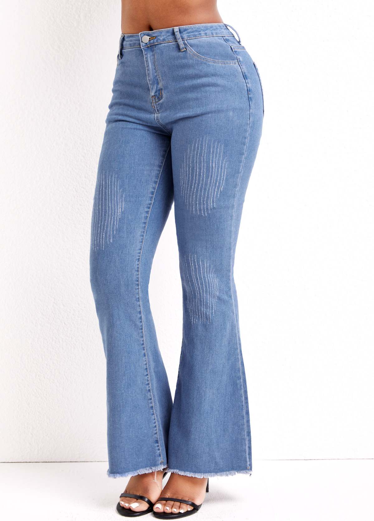 Zipper Denim Blue Flare Leg Mid Waisted Jeans