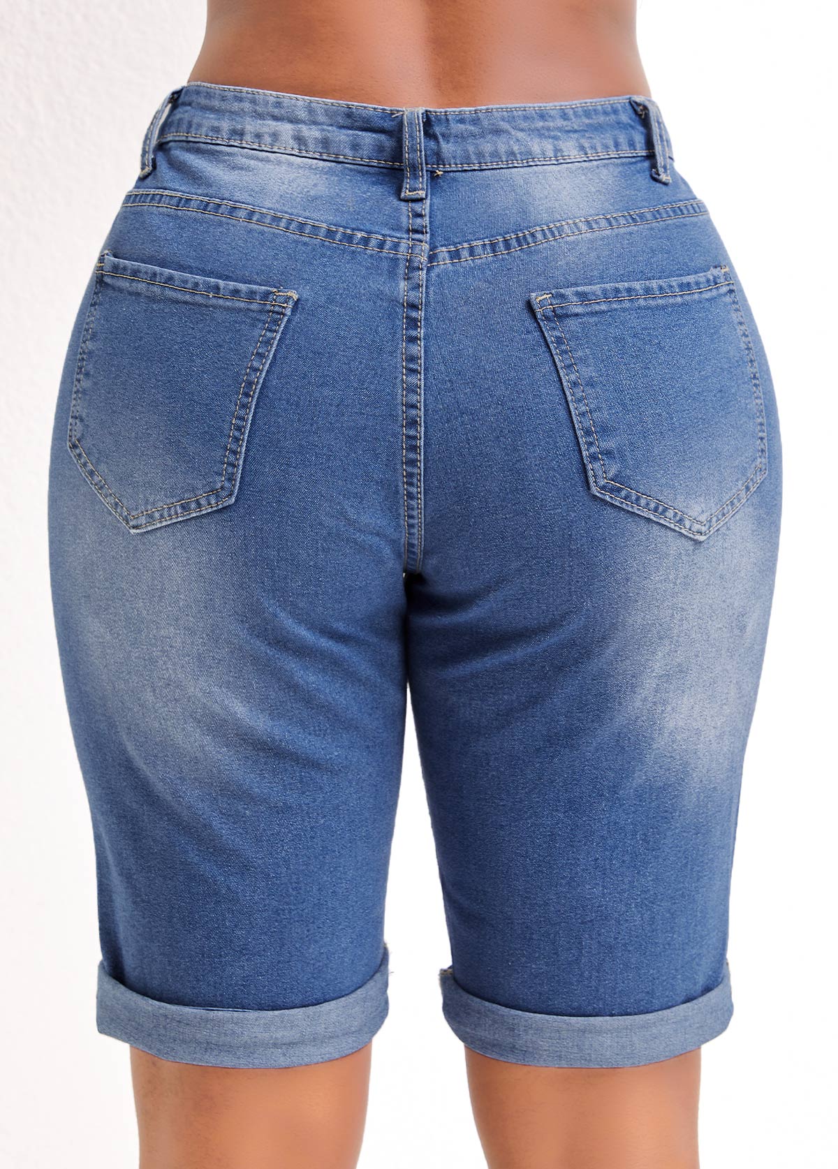 Blue Skinny Zipper Fly Mid Waisted Pocket Denim Shorts