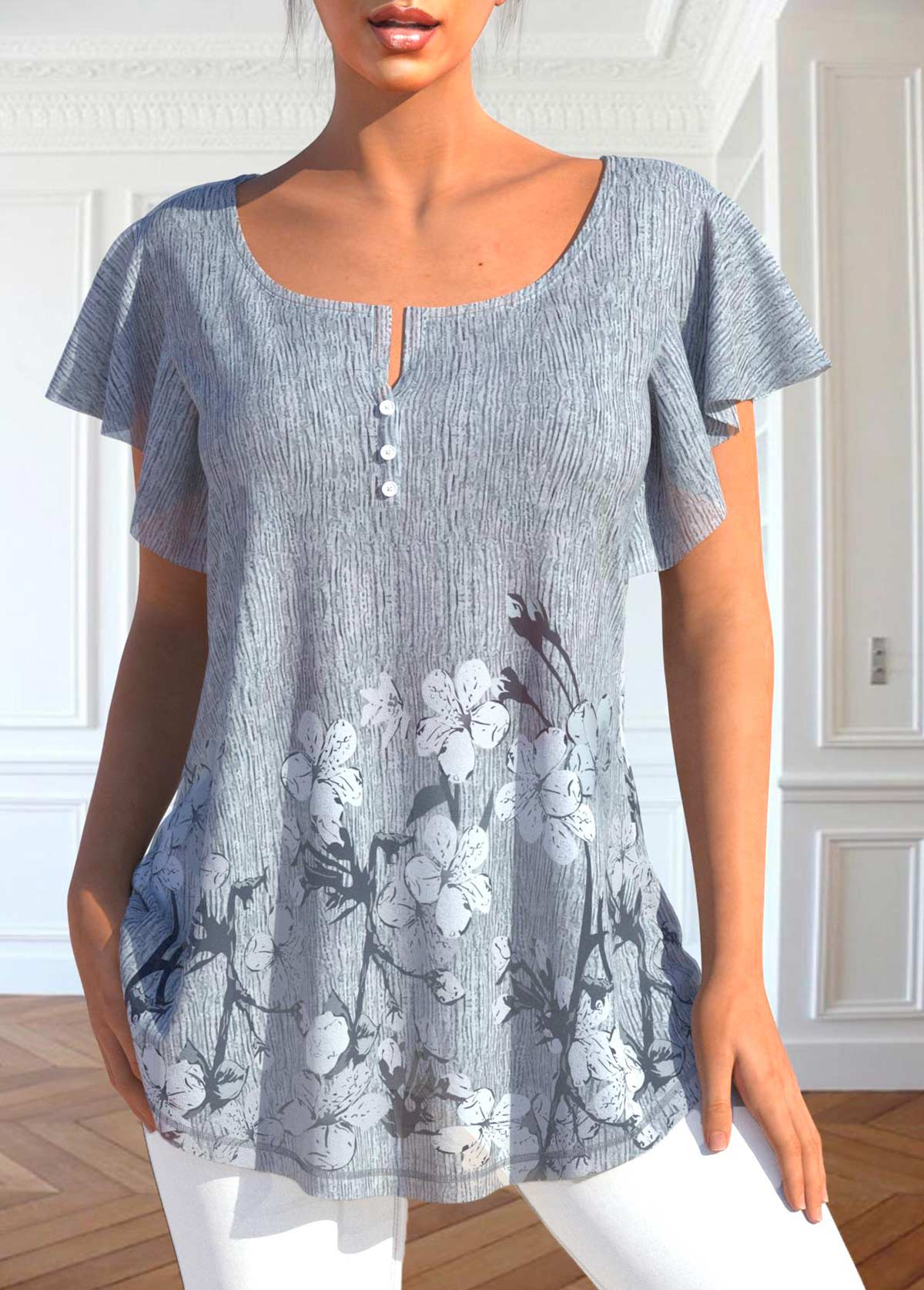 Floral Print Button Grey Scoop Neck T Shirt