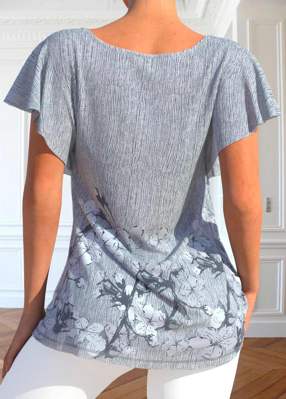 Floral Print Button Grey Scoop Neck T Shirt