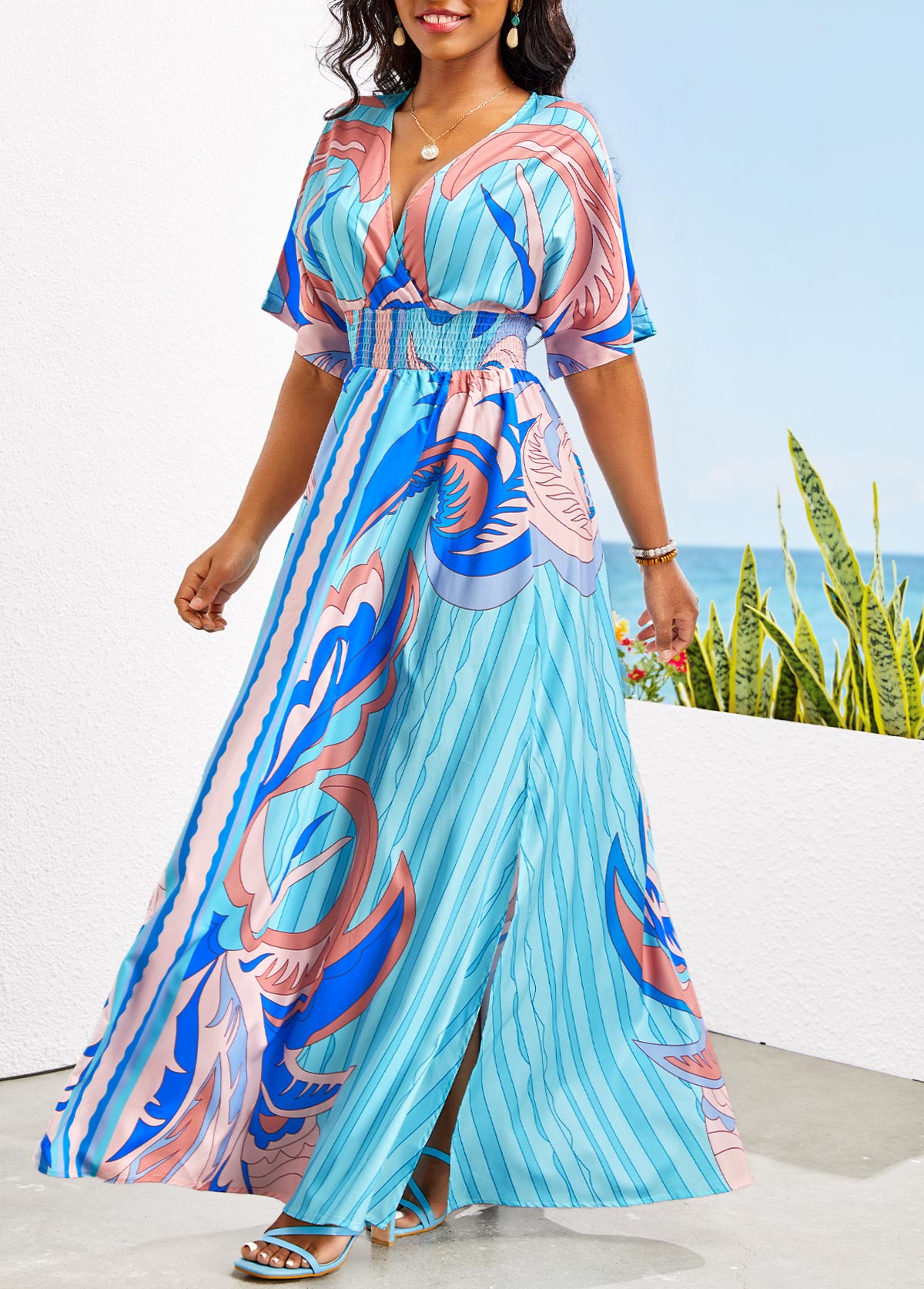Tribal Print Smocked Sky Blue Maxi Dress
