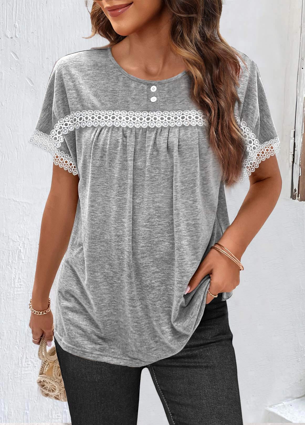 Light Grey Marl Round Neck Ruched T Shirt