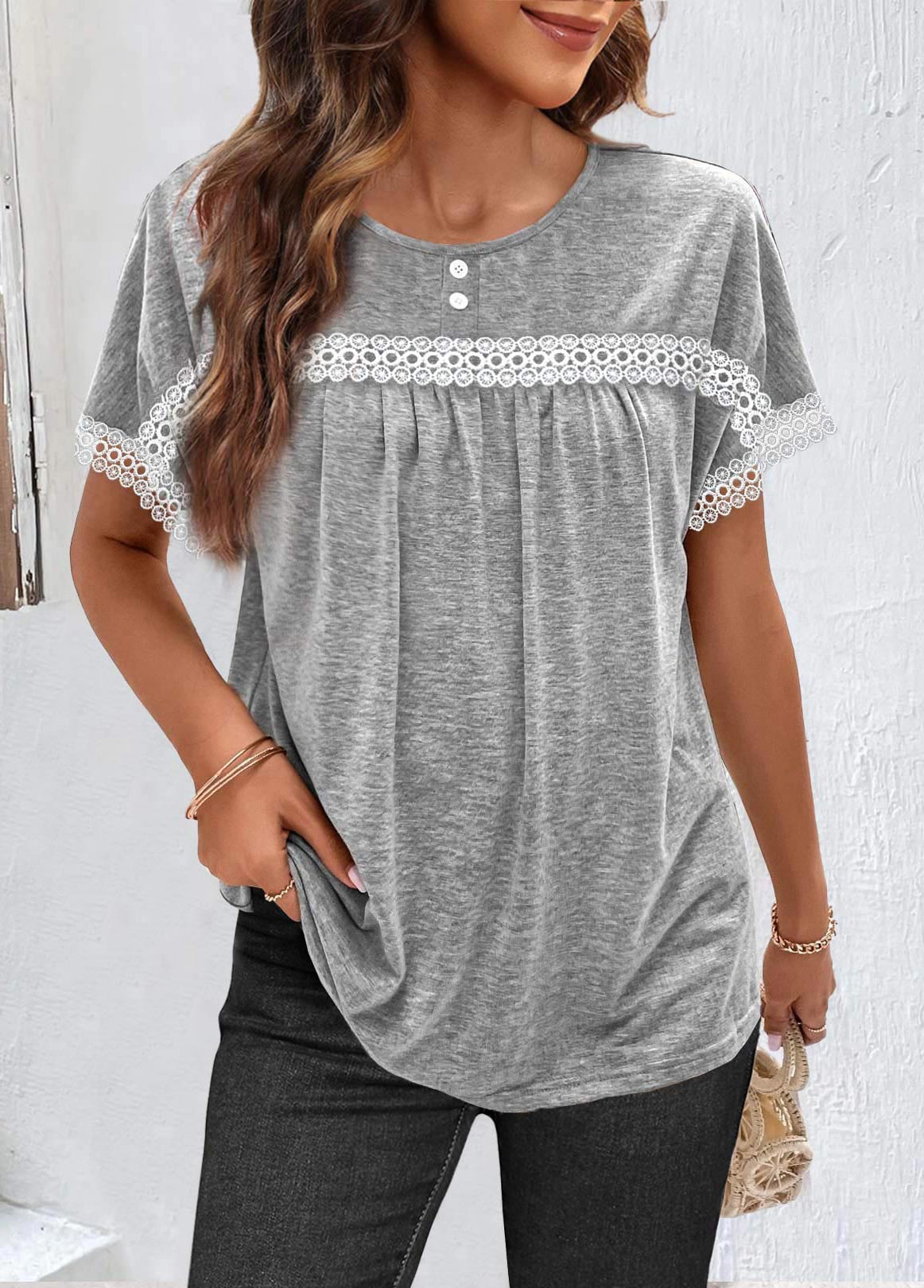 Light Grey Marl Round Neck Ruched T Shirt