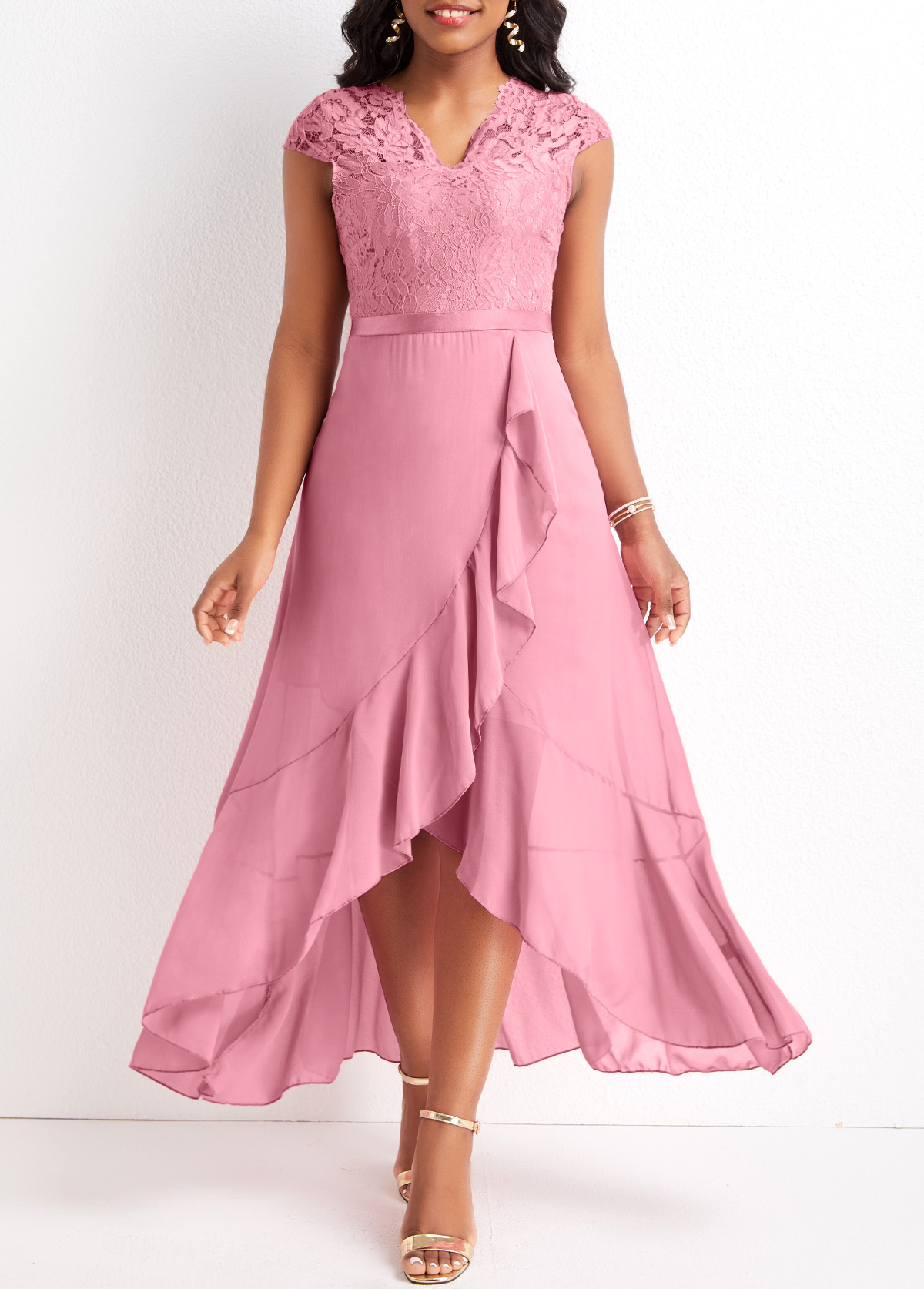 Pink Plus Size Lace High Low Dress