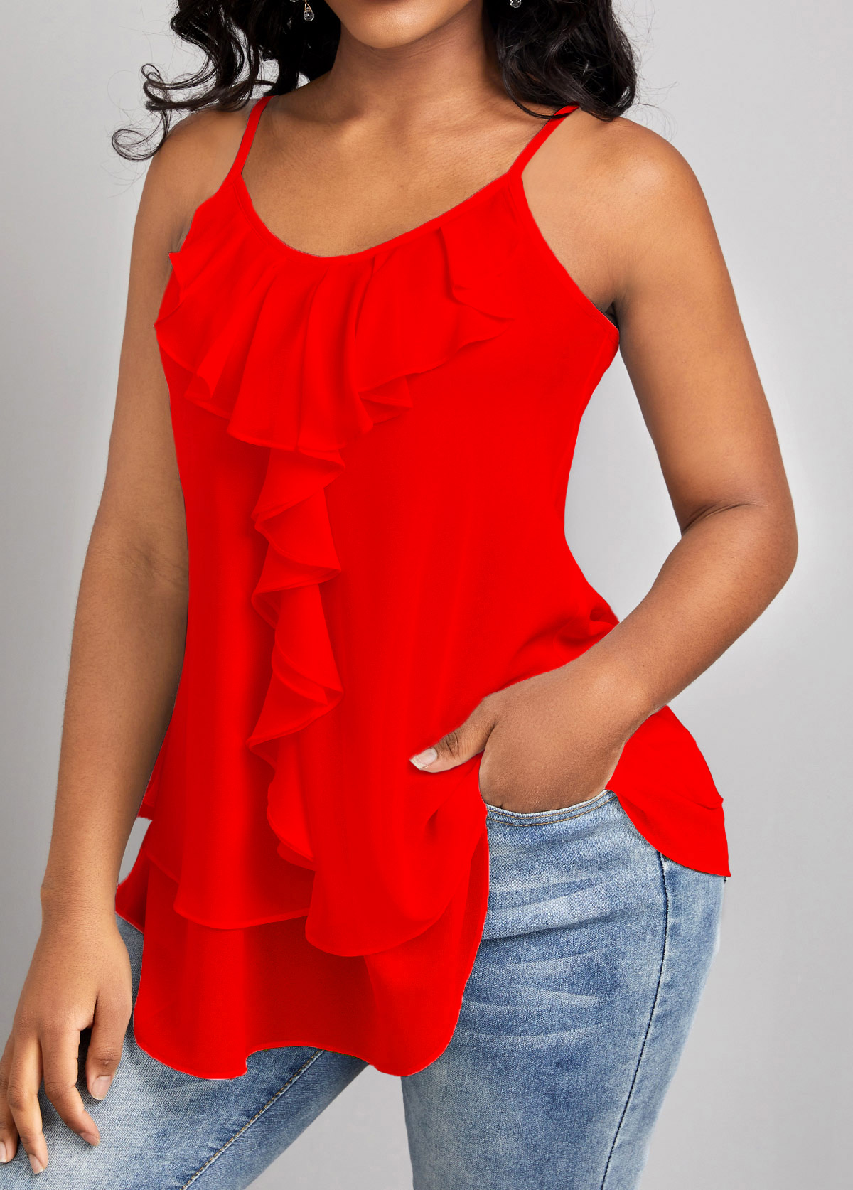Red Scoop Neck Strappy Ruffle Camisole Top