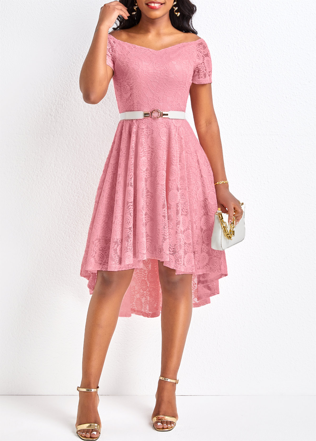 High Low Lace Pink Off Shoulder Dress