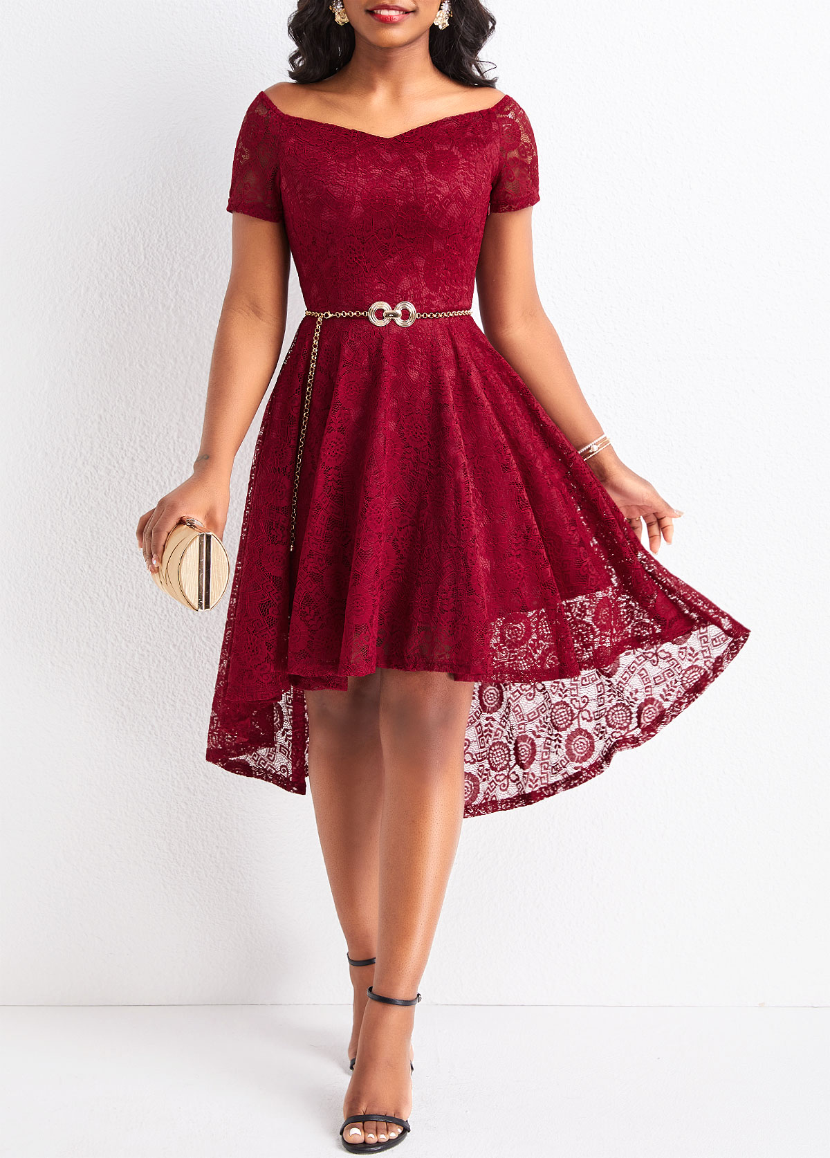 Off Shoulder Lace Wine Red High Low Dress