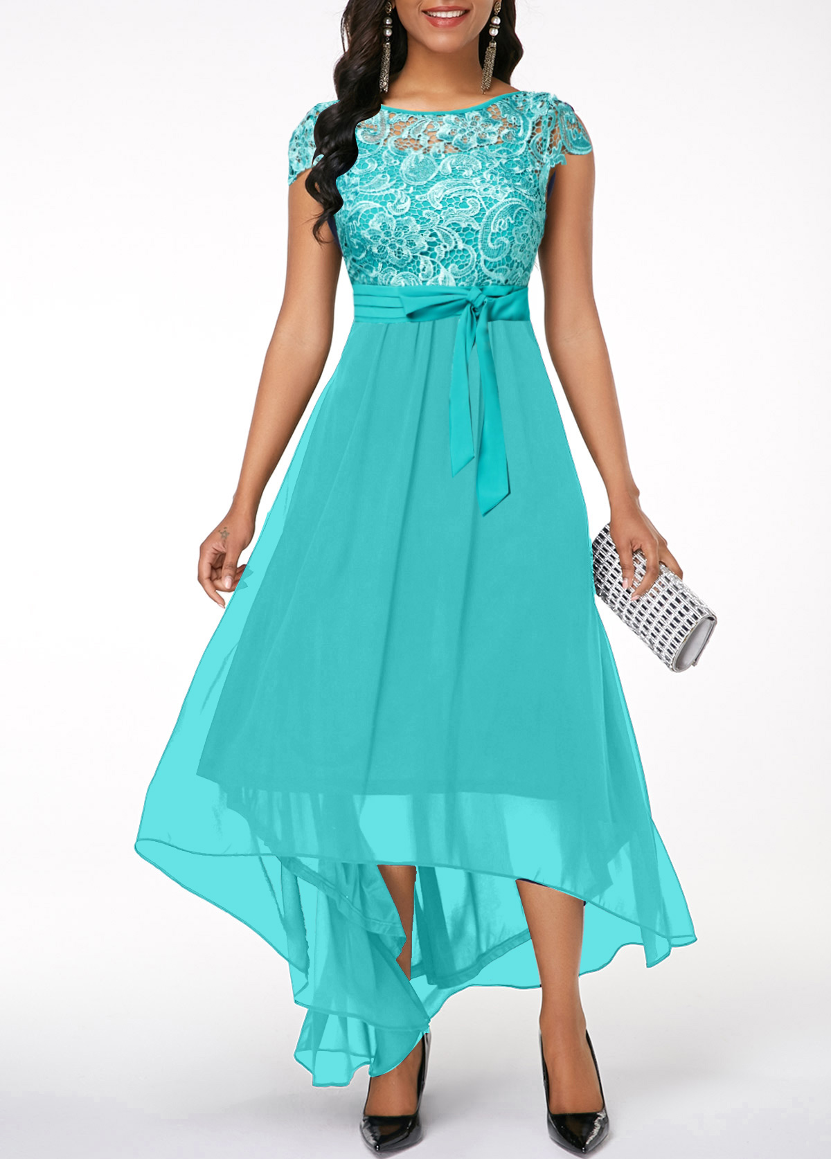 Mint Green High Low Boat Neck Lace Dress