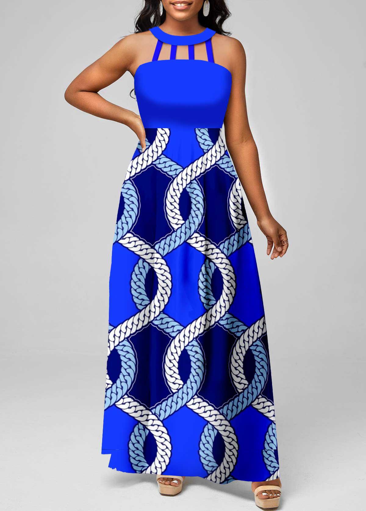 Tribal Print Cage Neck Royal Blue Maxi Dress