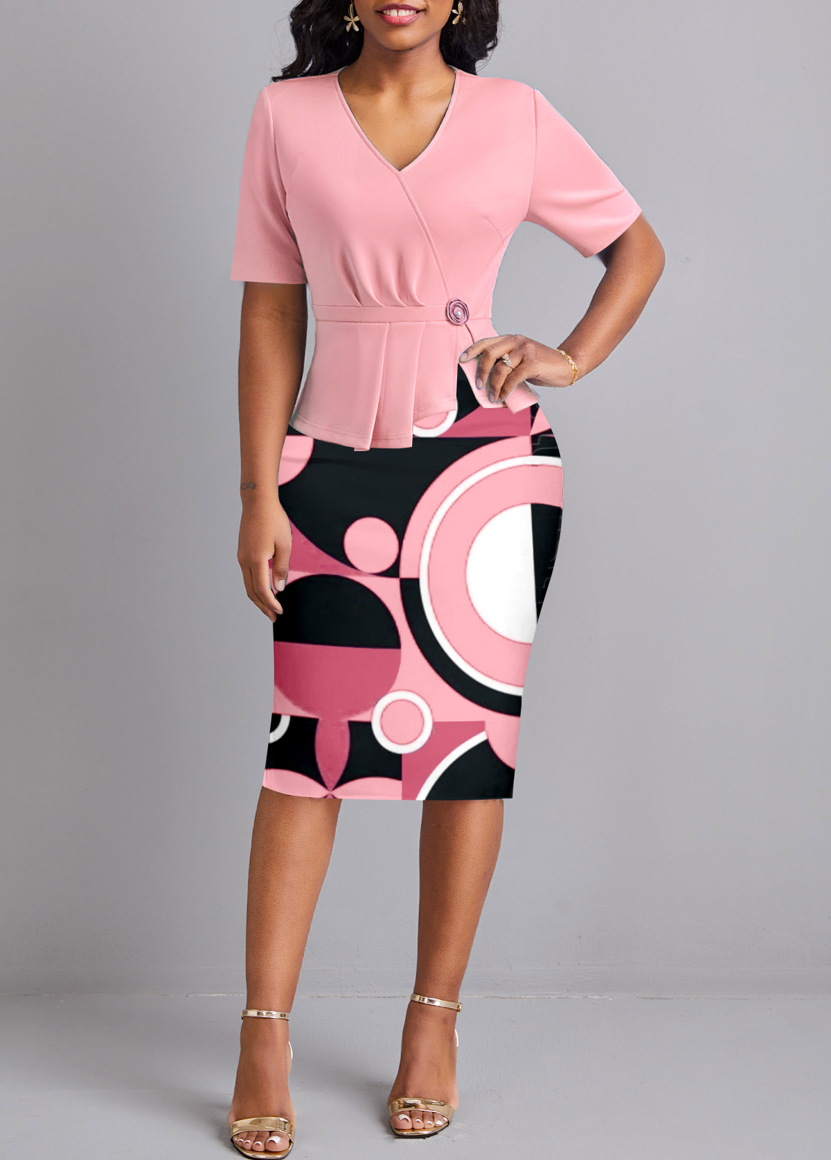 Geometric Print Ruched Pink V Neck Bodycon Dress