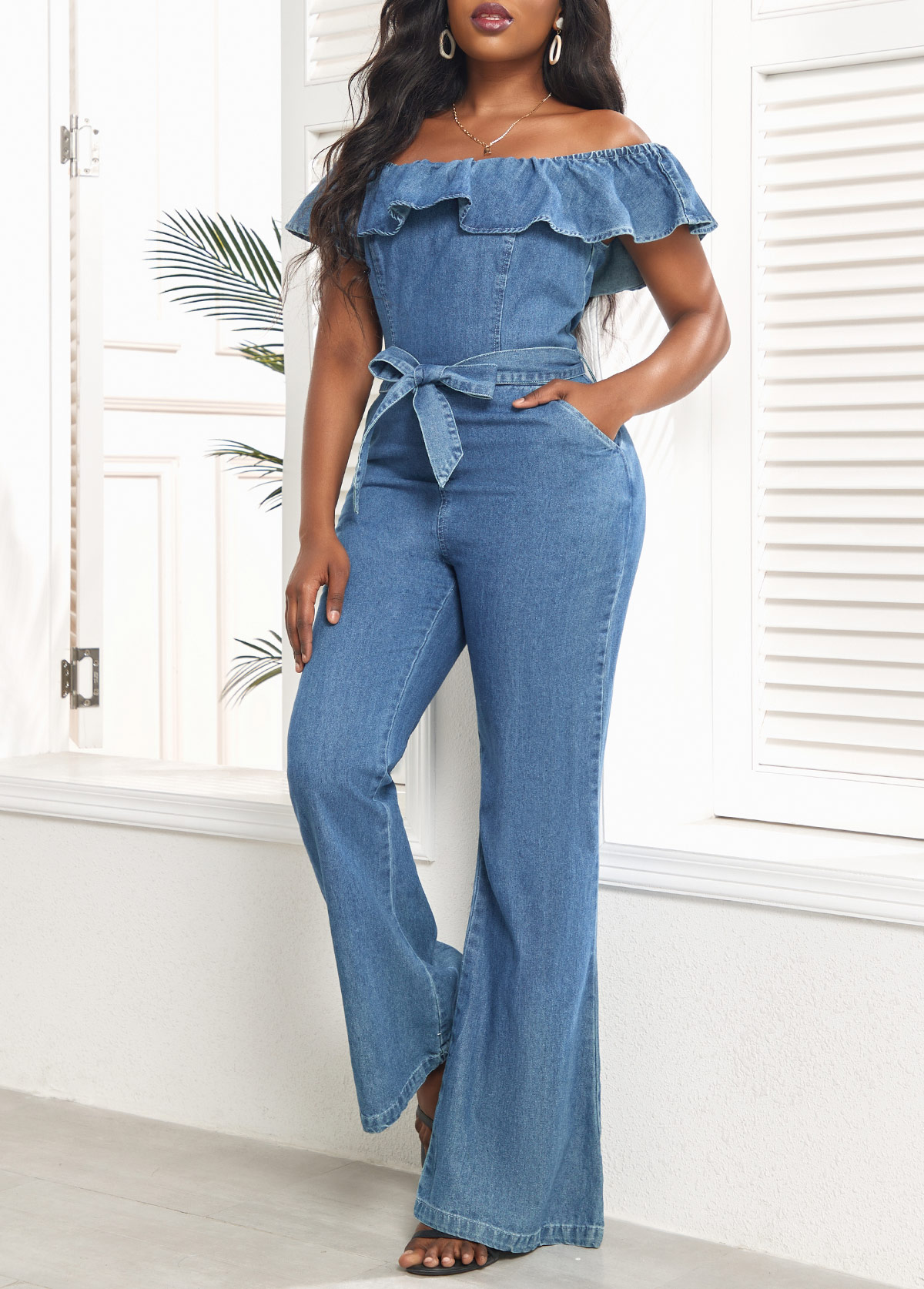 Tie Belted Denim Blue Long Off Shoulder Jumpsuit