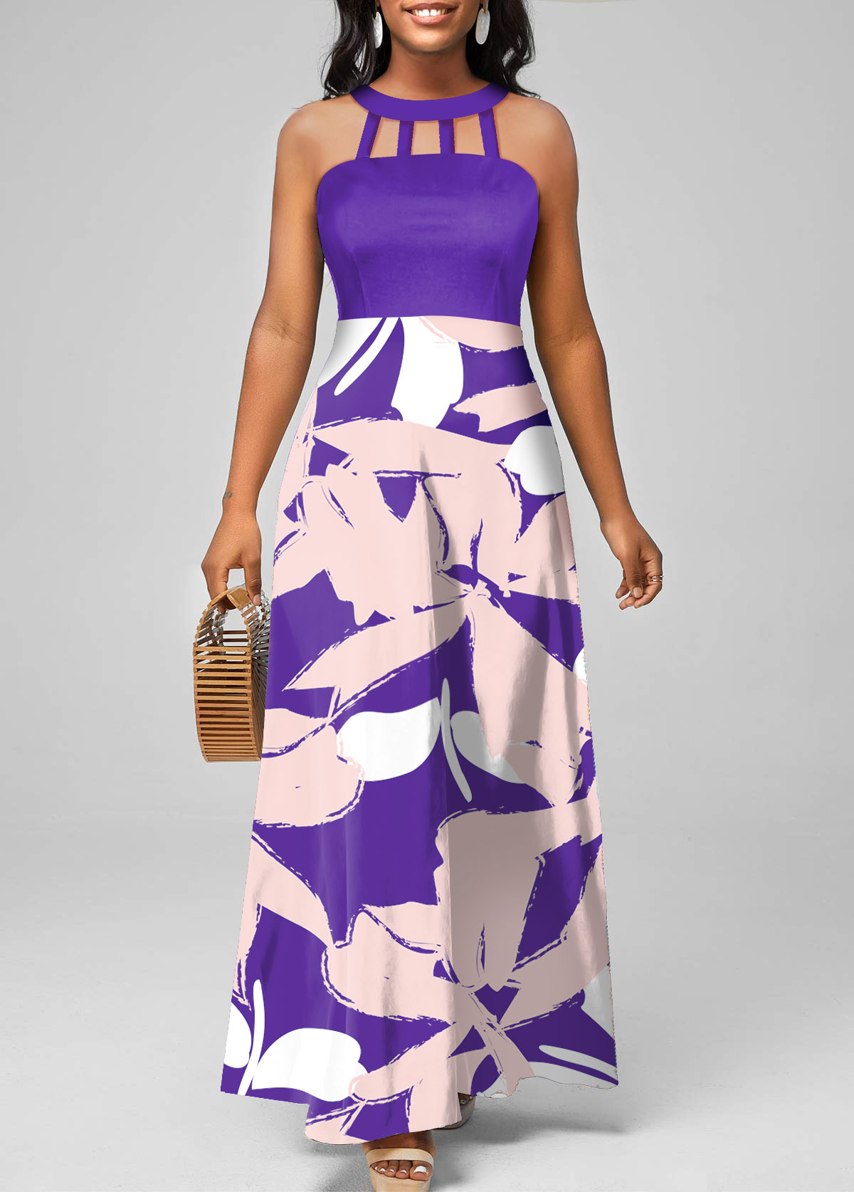 Floral Print Cage Neck Purple Sleeveless Maxi Dress
