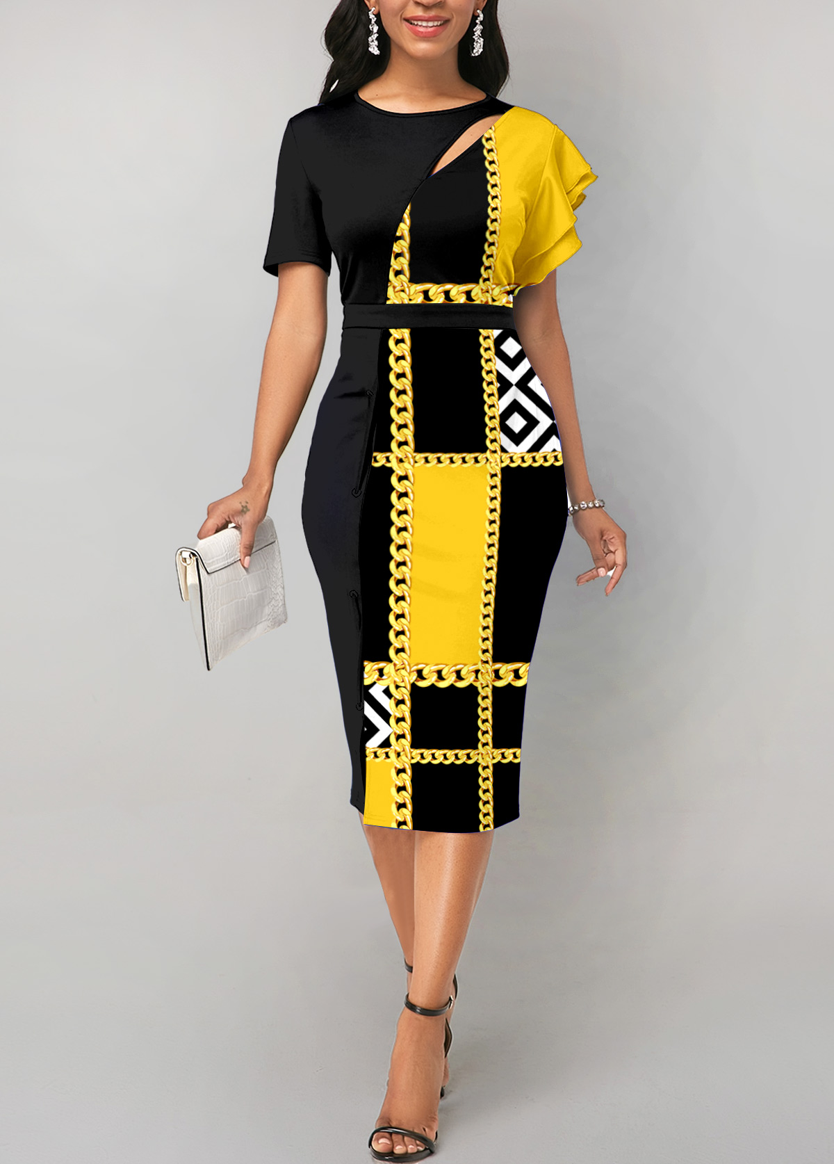 Geometric Print Cut Out Yellow Bodycon Dress