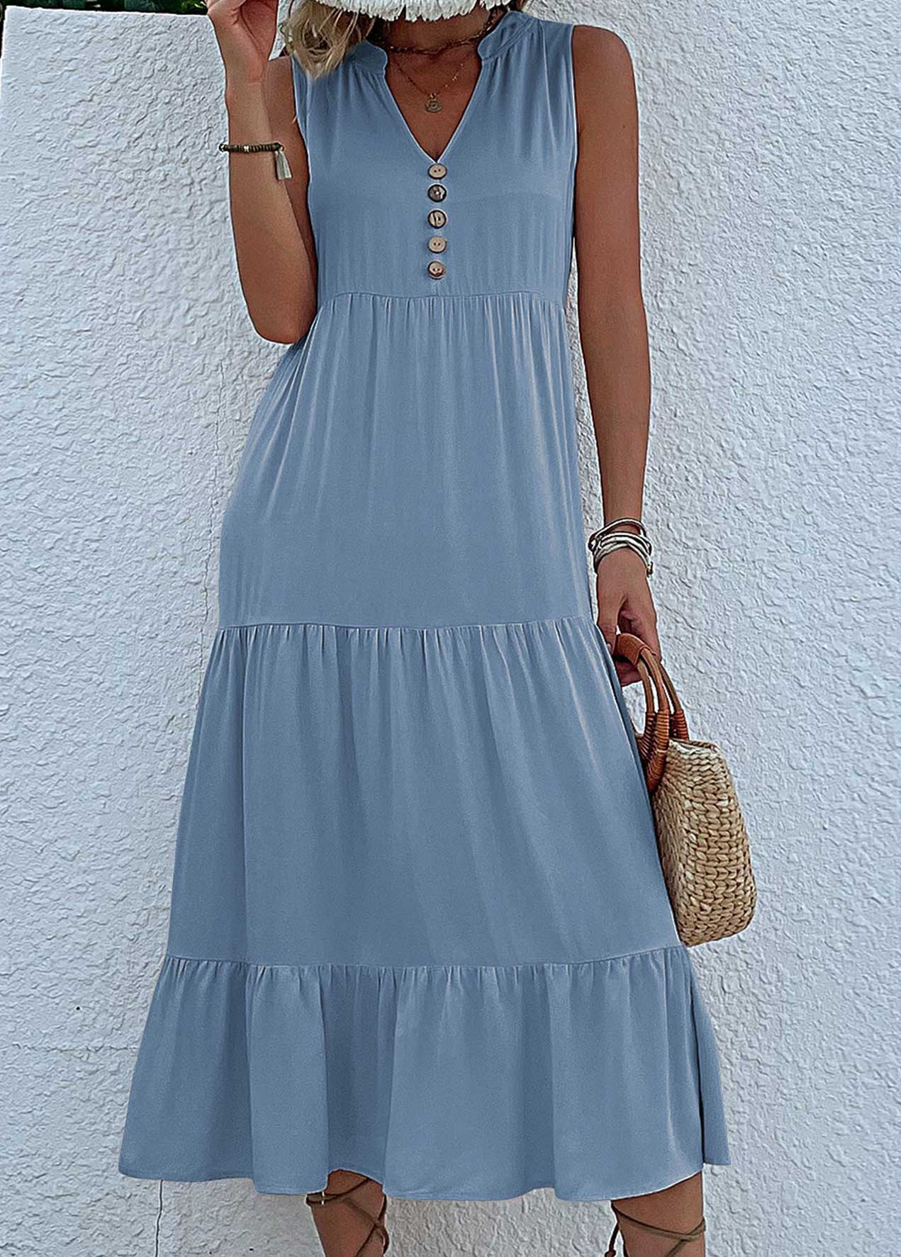 Dusty Blue A Line Button Dress