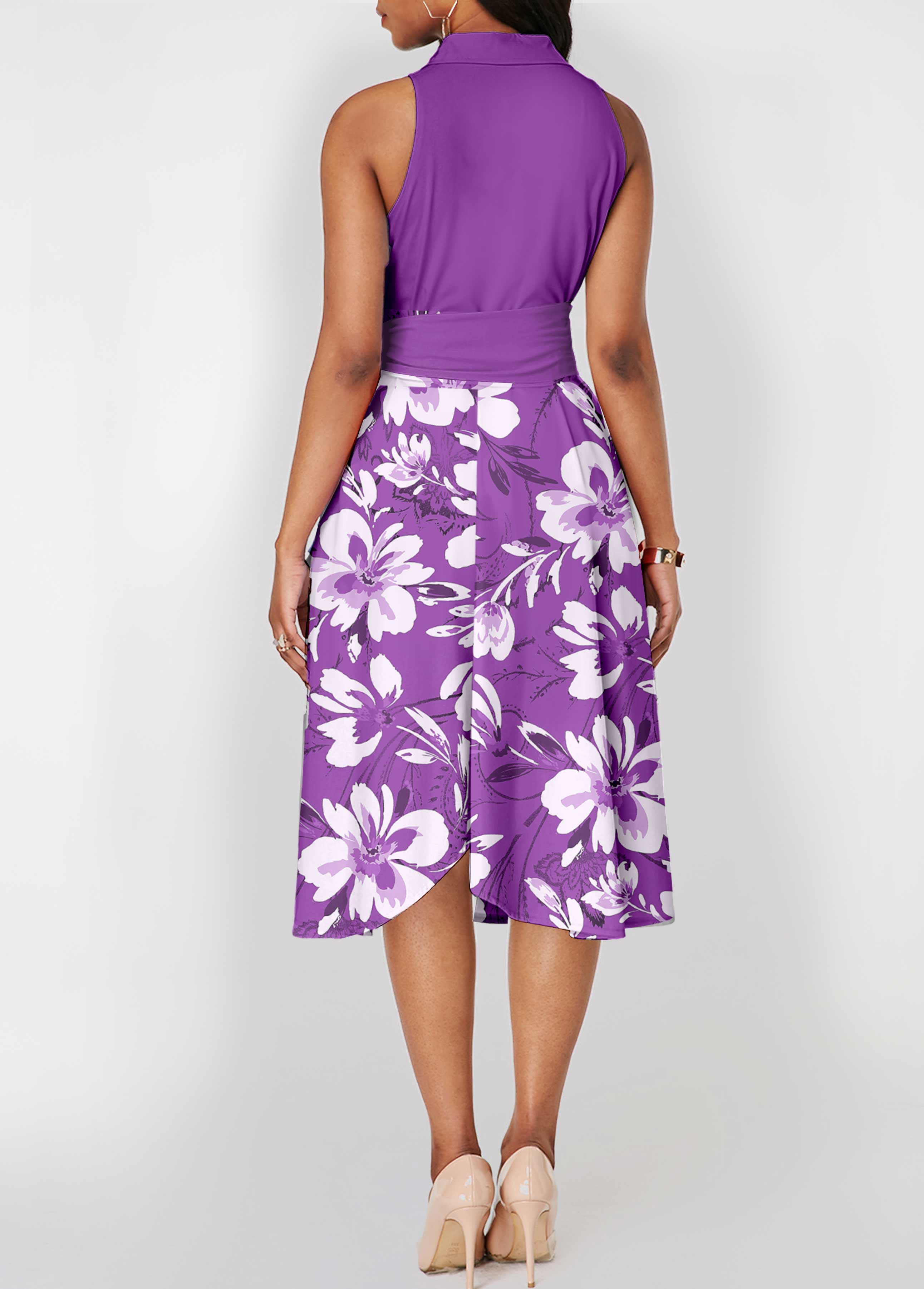 Floral Print Tie Belted Purple Shirt Collar Dress