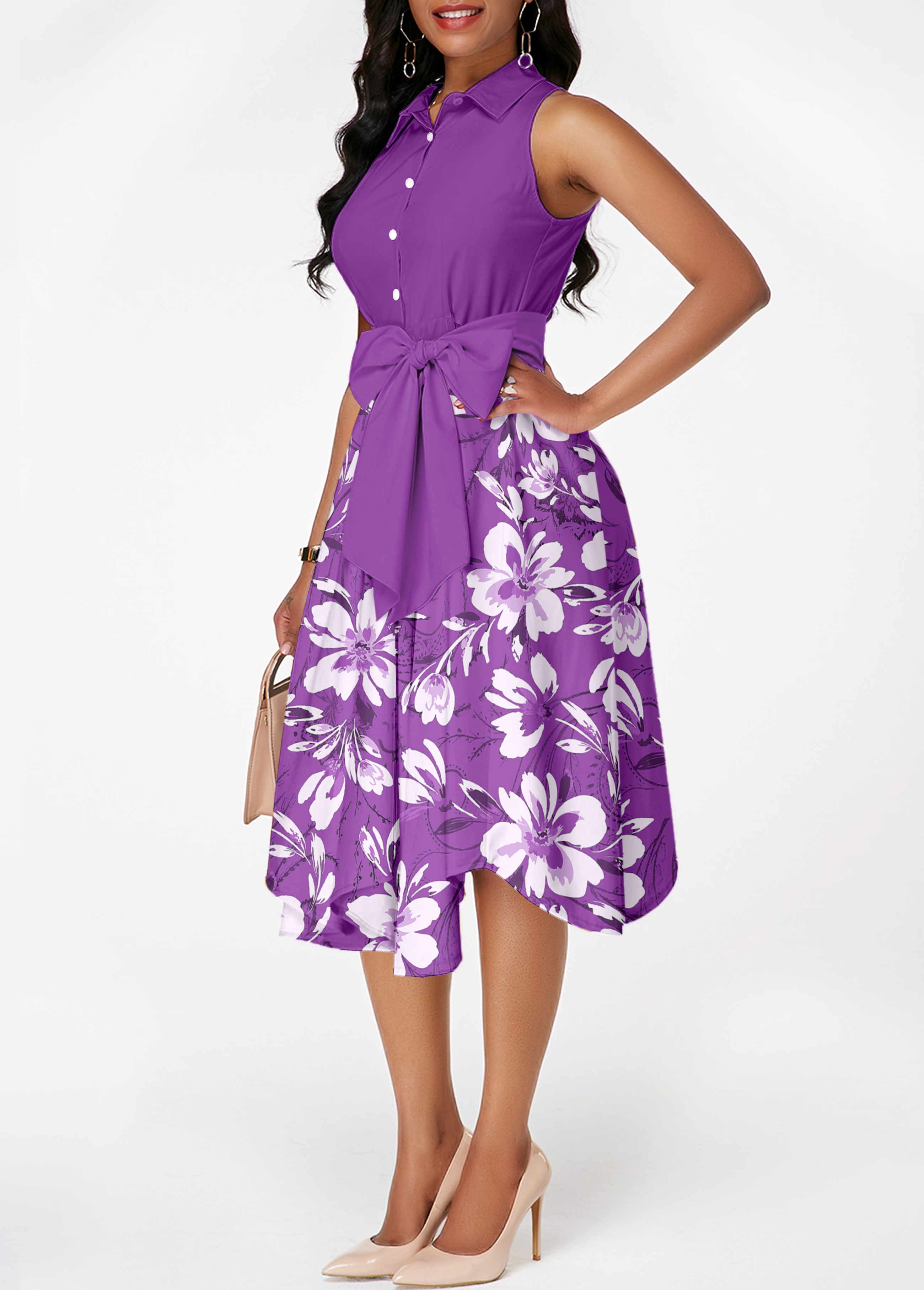 Floral Print Tie Belted Purple Shirt Collar Dress
