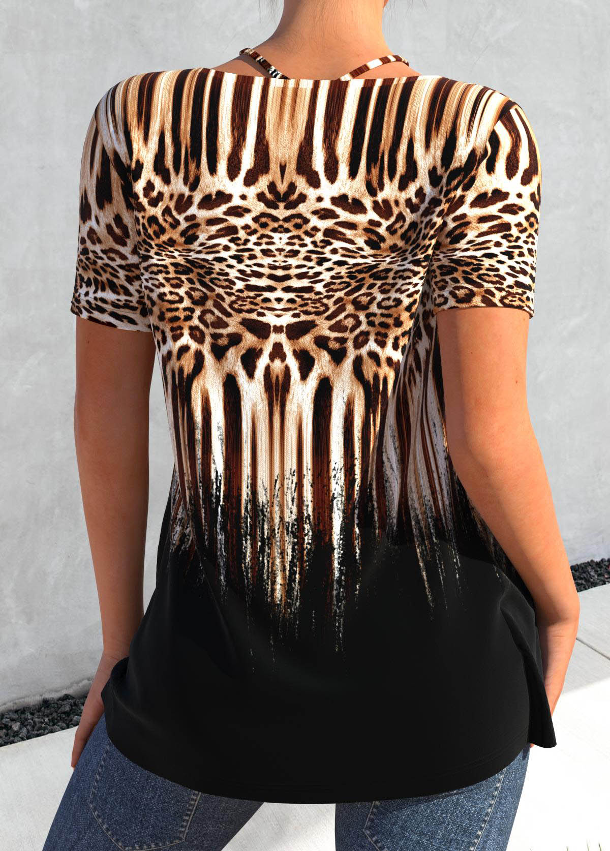 Leopard Circular Ring Black V Neck T Shirt