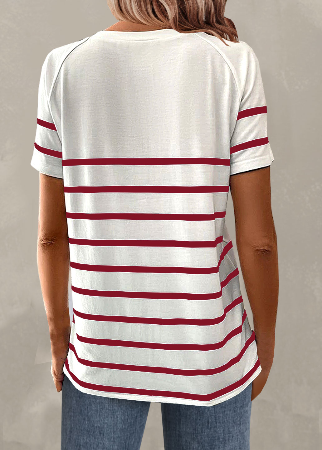 Striped Button Wine Red Round Neck T Shirt